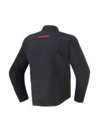 Veste imperméable Alpinestars SMX, noire, vue de dos avec logo Alpinestars rouge sur le haut du dos, ourlet arrière allongé pour une protection accrue, empiècements en textile et softshell, équipement de moto protecteur pour la conduite sur route et sportive.