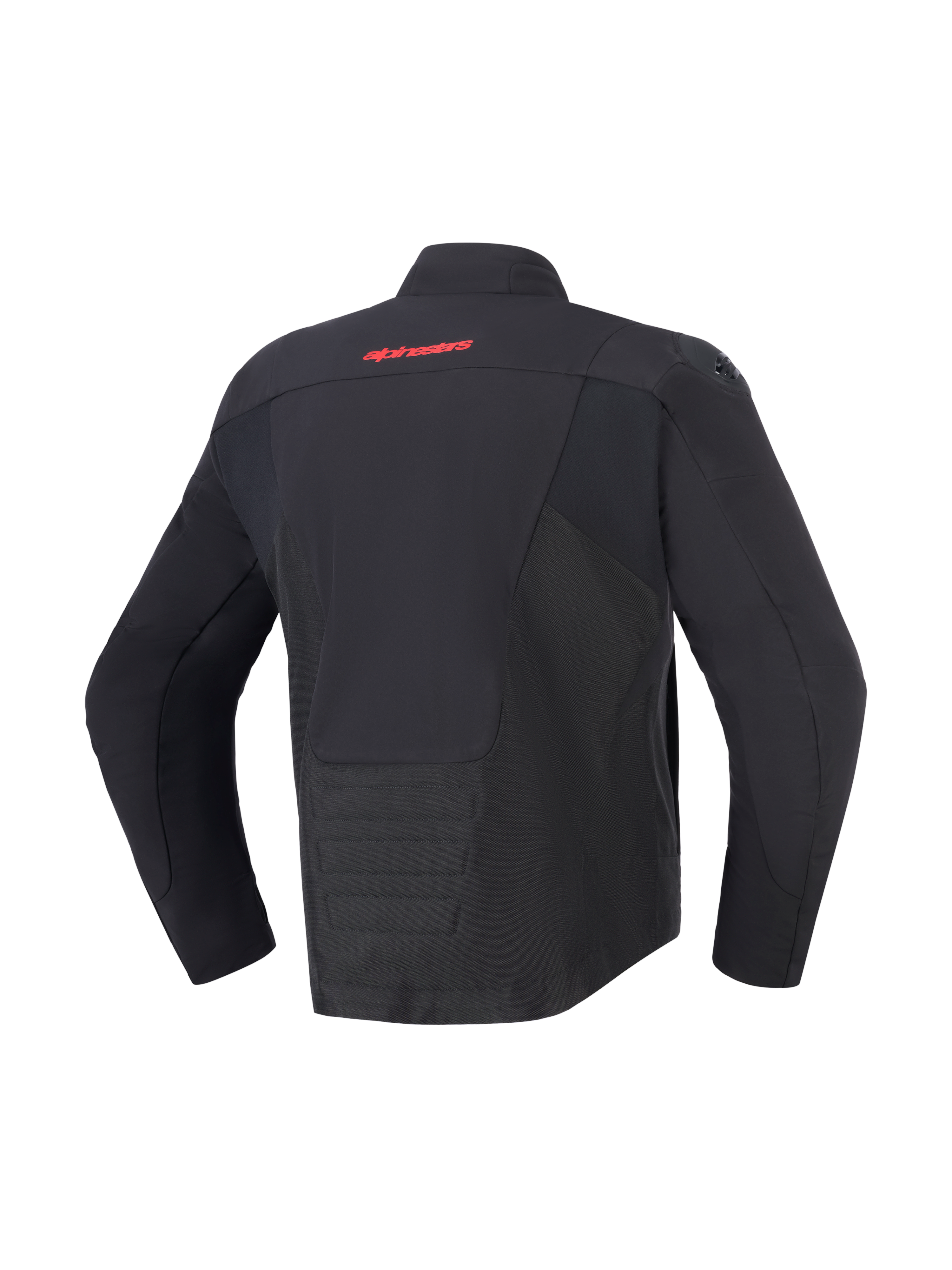 Veste imperméable Alpinestars SMX, noire, vue de dos avec logo Alpinestars rouge sur le haut du dos, ourlet arrière allongé pour une protection accrue, empiècements en textile et softshell, équipement de moto protecteur pour la conduite sur route et sportive.