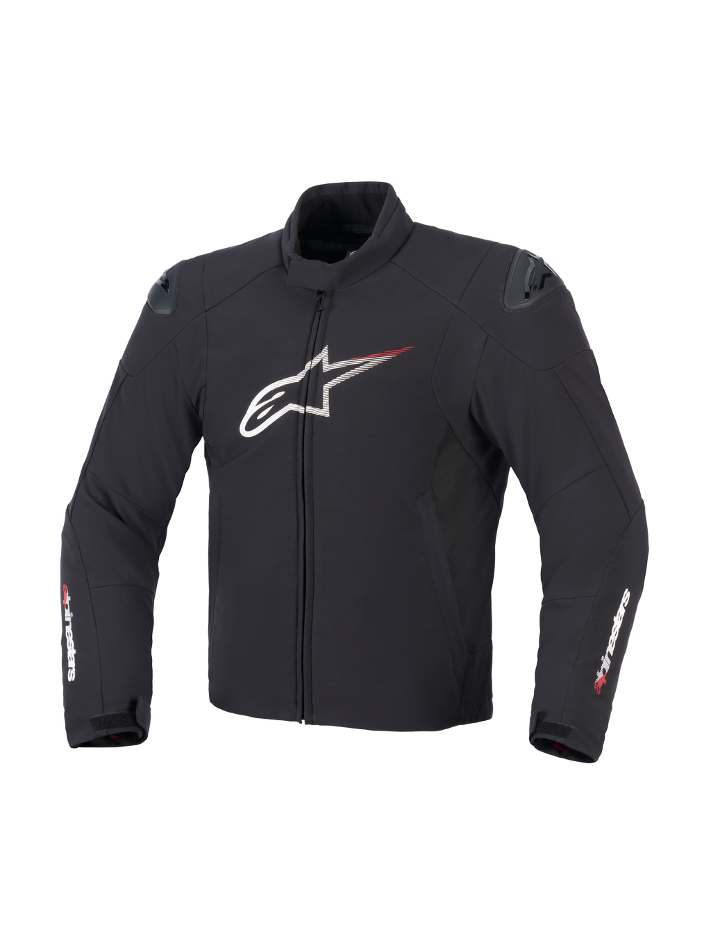 Veste imperméable Alpinestars SMX en Noir Blanc et Rouge Vif, vue de face montrant la construction textile, grand logo Astar blanc sur la poitrine avec des lignes de vitesse rouges, sliders d'épaule DFS lite externes et logo Alpinestars sur les manches.