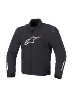 Veste imperméable Alpinestars SMX en Noir Blanc et Rouge Vif, vue de face montrant la construction textile, grand logo Astar blanc sur la poitrine avec des lignes de vitesse rouges, sliders d'épaule DFS lite externes et logo Alpinestars sur les manches.