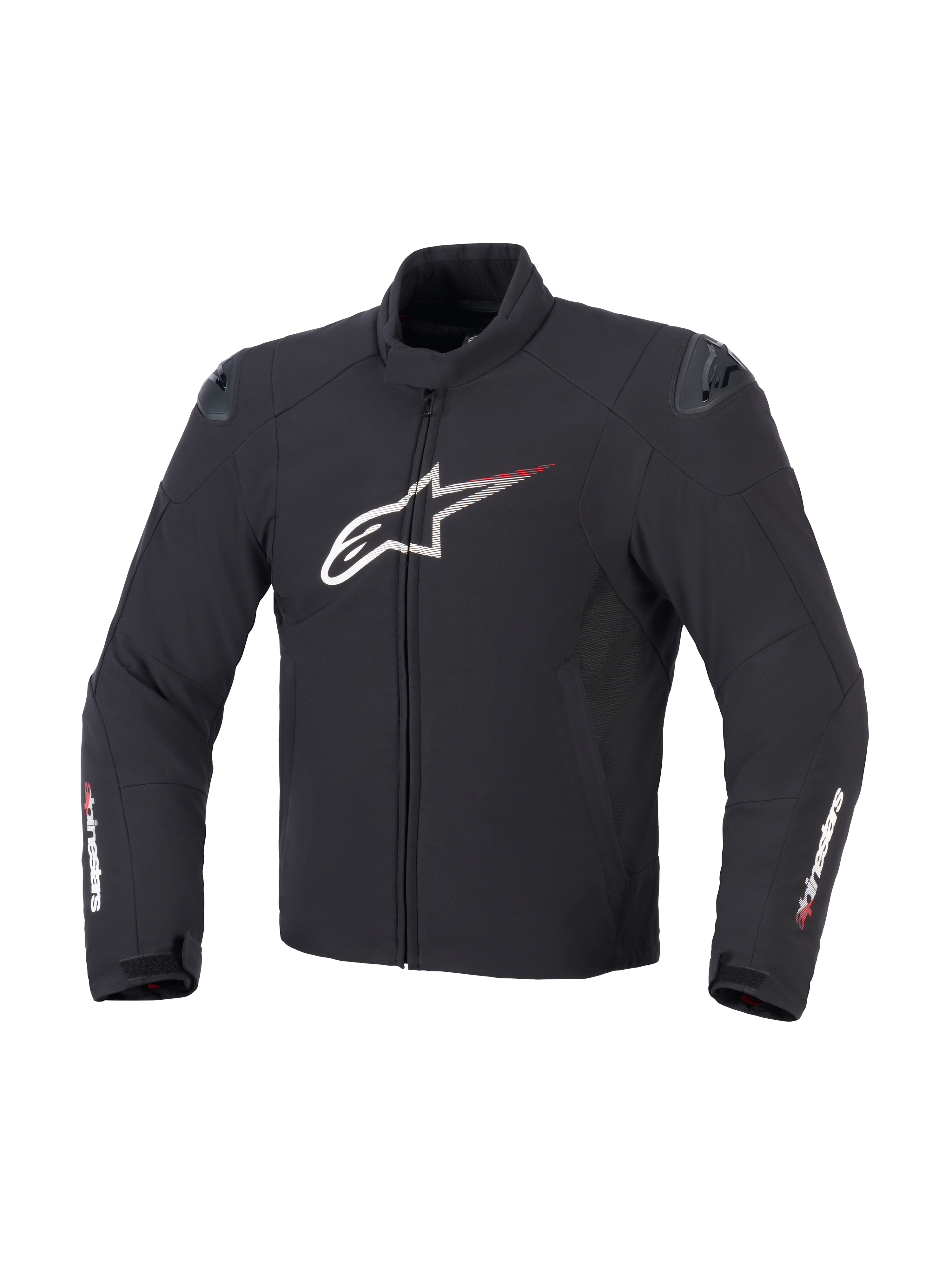 Veste imperméable Alpinestars SMX en Noir Blanc et Rouge Vif, vue de face montrant la construction textile, grand logo Astar blanc sur la poitrine avec des lignes de vitesse rouges, sliders d'épaule DFS lite externes et logo Alpinestars sur les manches.