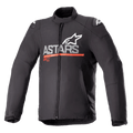 Veste imperméable Alpinestars SMX, veste de moto en textile, noire avec gris foncé et rouge vif, avec marquage ASTARS et logo étoile sur la poitrine, bande rouge horizontale, logos blancs sur les épaules, col montant et fermeture éclair frontale, design sportif protecteur et résistant aux intempéries