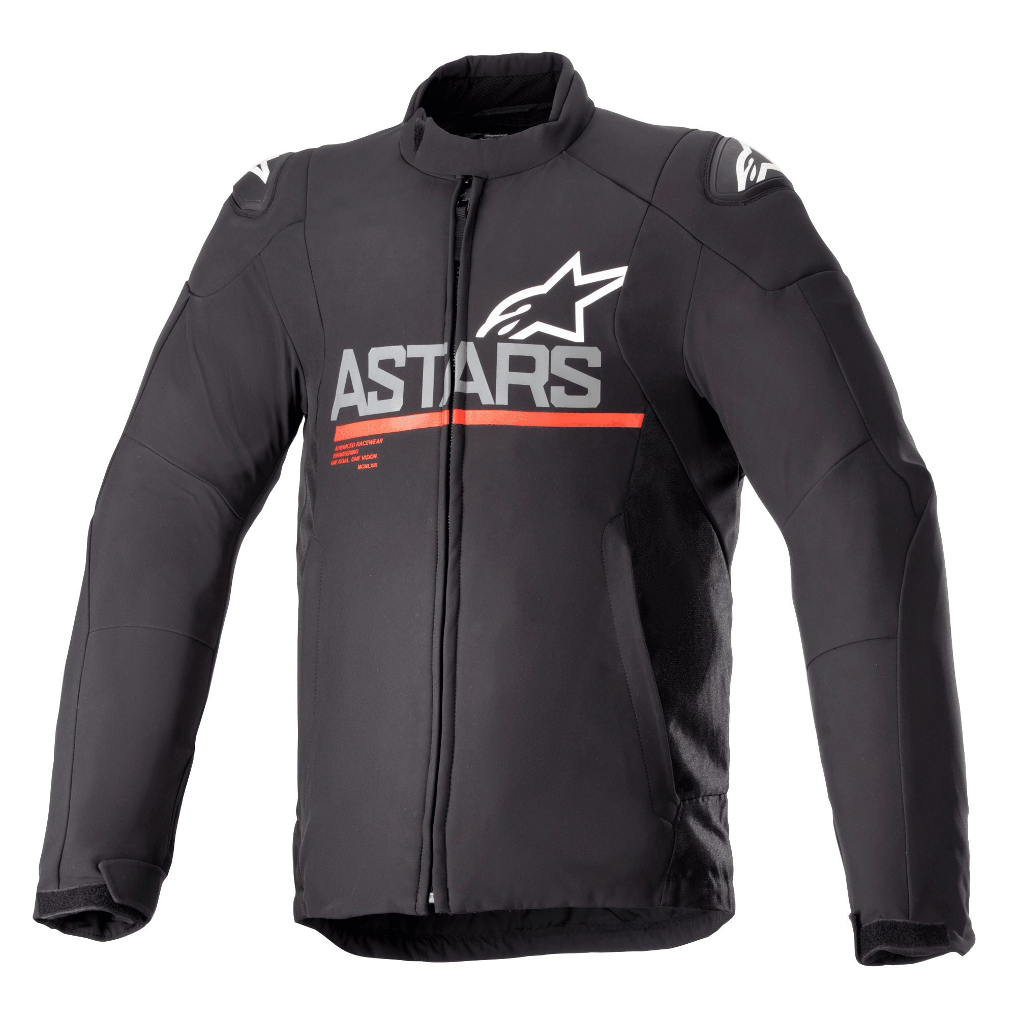 Veste imperméable Alpinestars SMX, veste de moto en textile, noire avec gris foncé et rouge vif, avec marquage ASTARS et logo étoile sur la poitrine, bande rouge horizontale, logos blancs sur les épaules, col montant et fermeture éclair frontale, design sportif protecteur et résistant aux intempéries