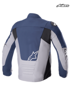 Veste Imperméable SMX d'Alpinestars, veste de moto textile pour homme, vue de dos montrant le coloris marine de nuit, gris foncé et noir, le dos rallongé et le logo A-star blanc