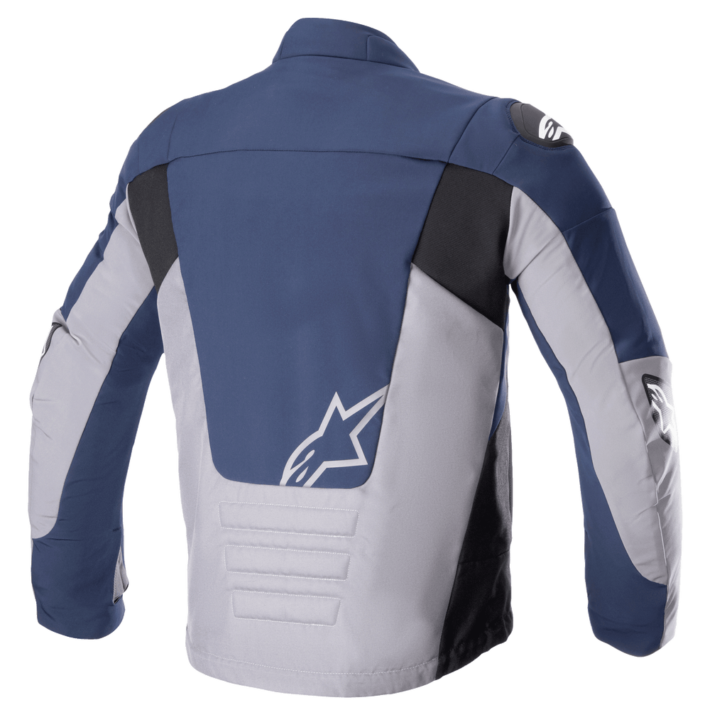 Veste imperméable Alpinestars SMX, vue arrière, bleu nuit et gris foncé, avec des empiècements contrastés bleu marine et gris clair et des accents noirs, logo étoile blanc sur le bas du dos et détails de coutures horizontales matelassées.