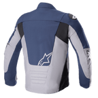 Veste imperméable Alpinestars SMX, vue arrière, bleu nuit et gris foncé, avec des empiècements contrastés bleu marine et gris clair et des accents noirs, logo étoile blanc sur le bas du dos et détails de coutures horizontales matelassées.