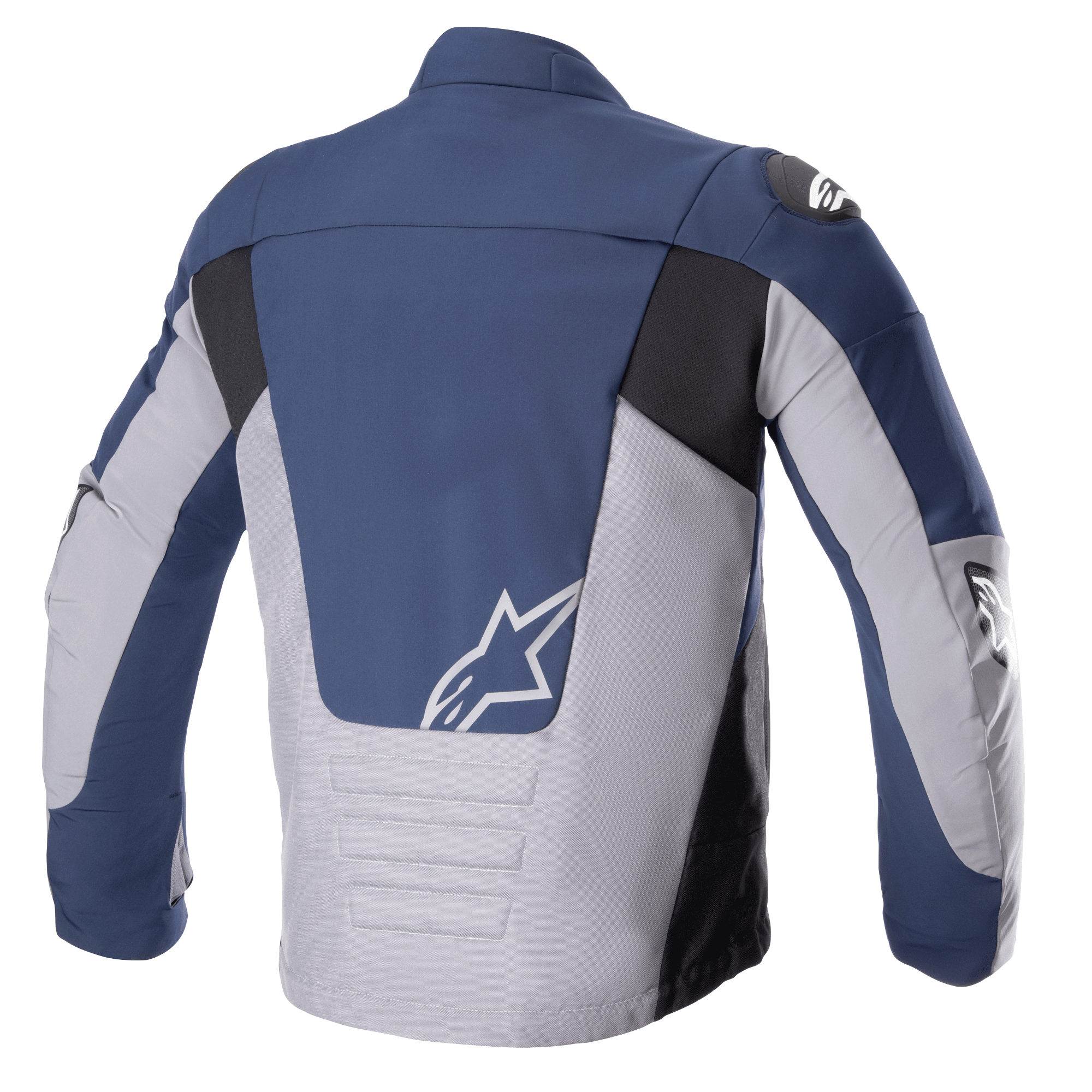 Veste imperméable Alpinestars SMX, vue arrière, bleu nuit et gris foncé, avec des empiècements contrastés bleu marine et gris clair et des accents noirs, logo étoile blanc sur le bas du dos et détails de coutures horizontales matelassées.