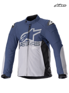 Veste imperméable Alpinestars SMX, veste de moto racing et sport pour homme en bleu marine et gris foncé, vue de face montrant la construction imperméable et les protections d'épaules