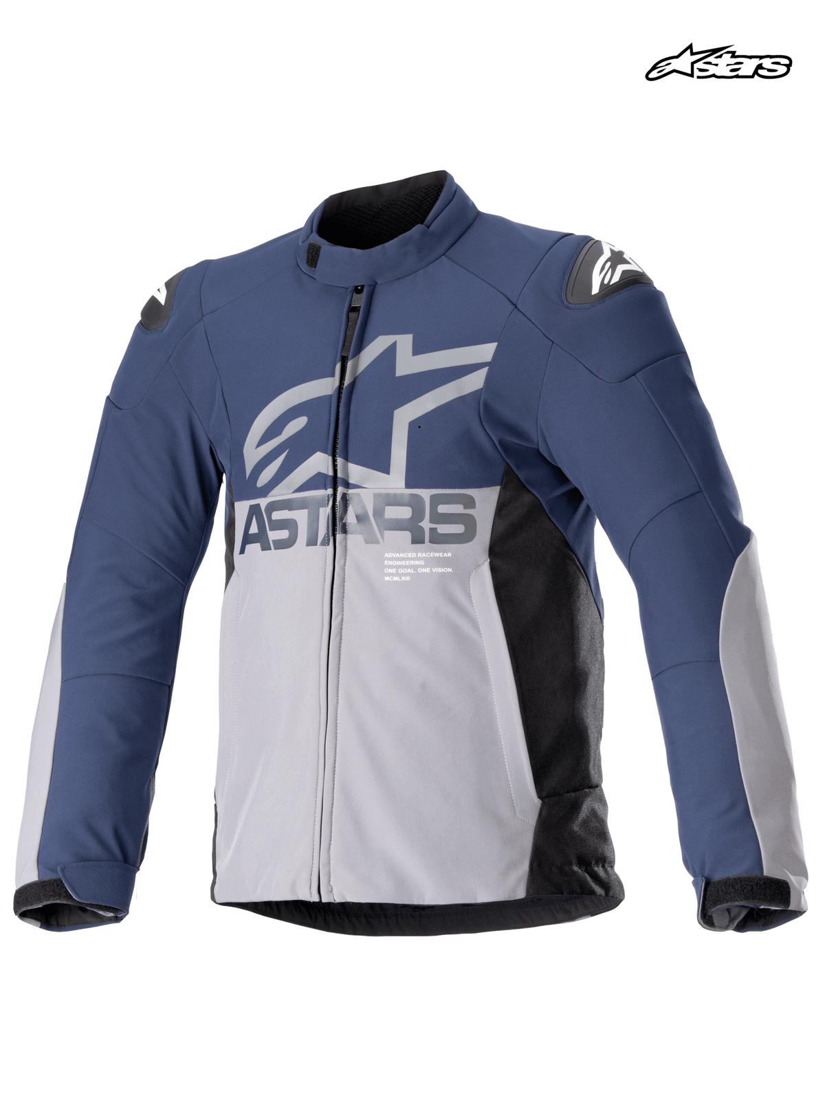 Veste imperméable Alpinestars SMX, veste de moto racing et sport pour homme en bleu marine et gris foncé, vue de face montrant la construction imperméable et les protections d'épaules