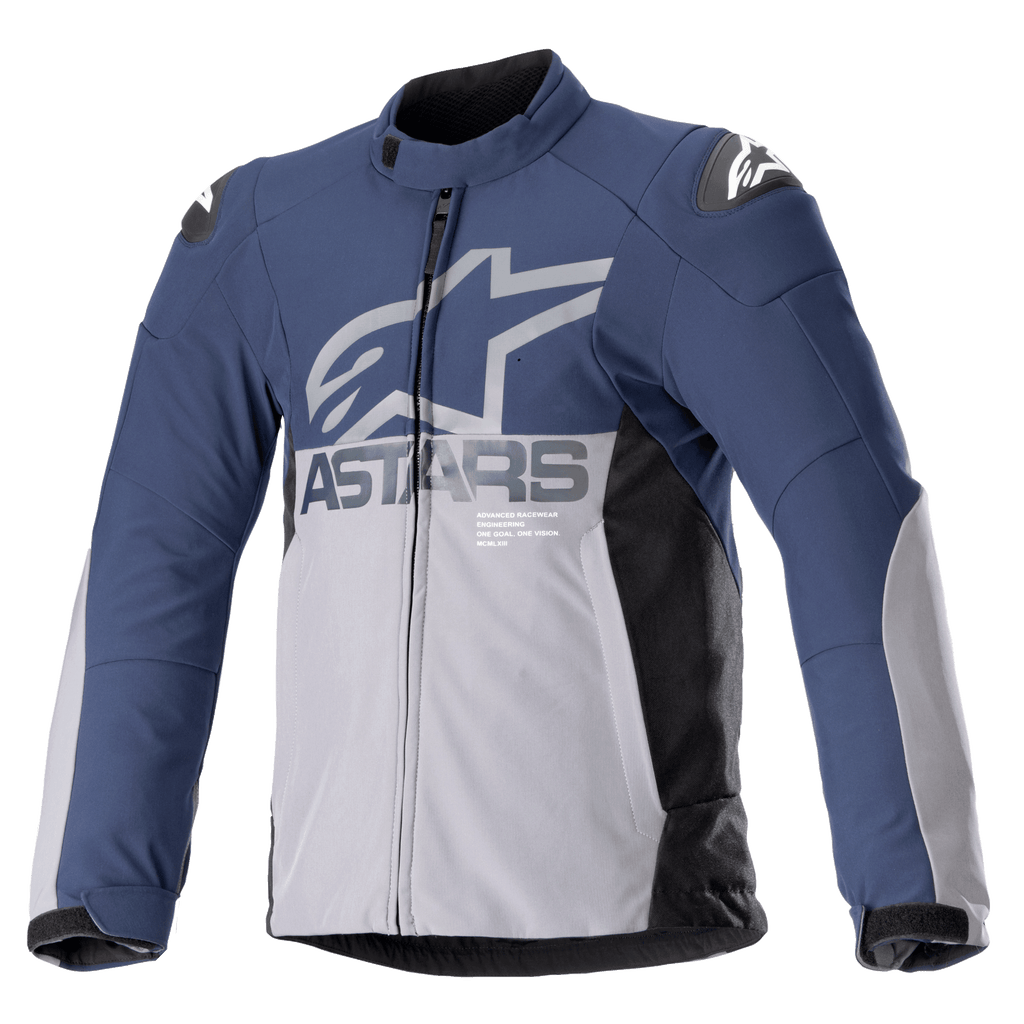 Veste imperméable Alpinestars SMX, veste de moto, bleu marine et gris foncé avec panneaux latéraux noirs, grand logo ASTARS gris sur la poitrine, logos étoile blancs sur les épaules, col haut, poignets ajustables avec velcro, protections rembourrées, fermeture éclair sur toute la longueur