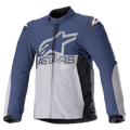 Veste imperméable Alpinestars SMX, veste de moto, bleu marine et gris foncé avec panneaux latéraux noirs, grand logo ASTARS gris sur la poitrine, logos étoile blancs sur les épaules, col haut, poignets ajustables avec velcro, protections rembourrées, fermeture éclair sur toute la longueur