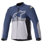 Veste imperméable Alpinestars SMX, veste de moto, bleu marine et gris foncé avec panneaux latéraux noirs, grand logo ASTARS gris sur la poitrine, logos étoile blancs sur les épaules, col haut, poignets ajustables avec velcro, protections rembourrées, fermeture éclair sur toute la longueur