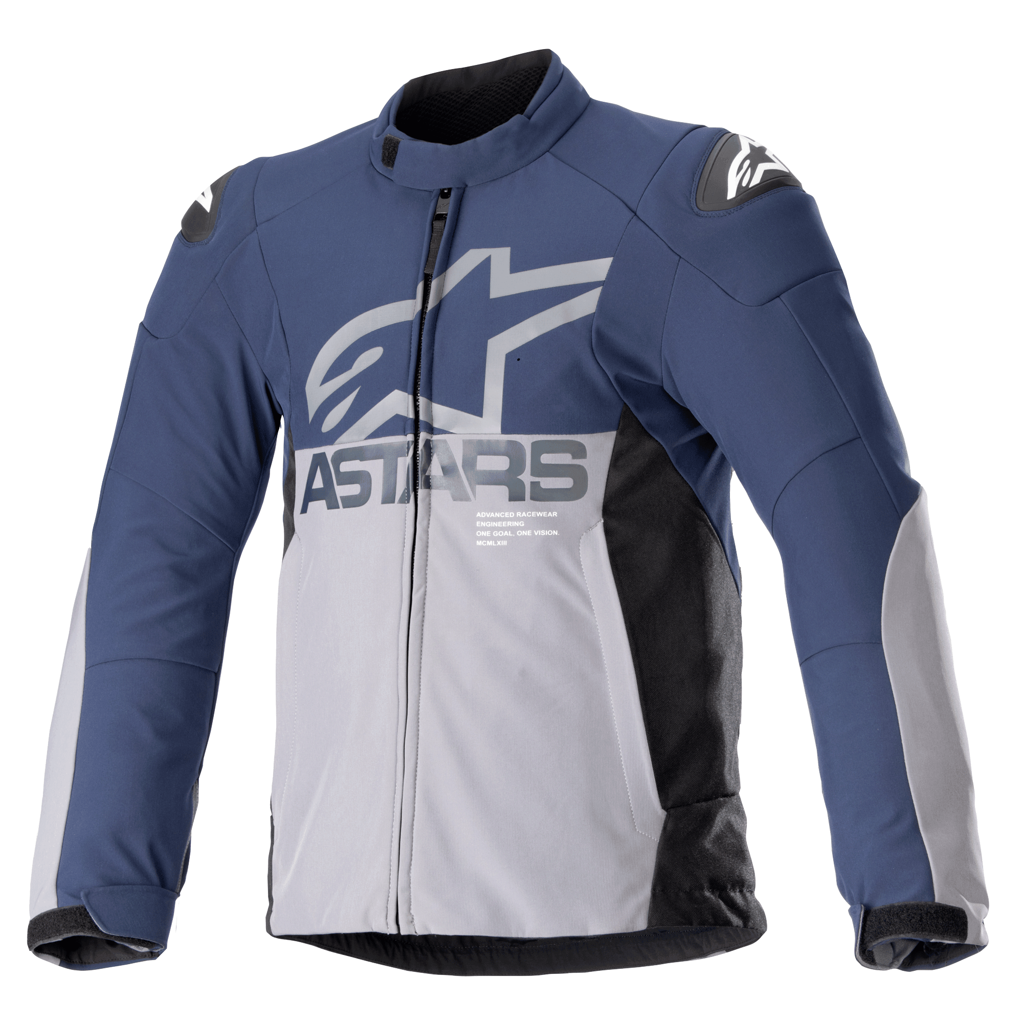 Veste imperméable Alpinestars SMX, veste de moto, bleu marine et gris foncé avec panneaux latéraux noirs, grand logo ASTARS gris sur la poitrine, logos étoile blancs sur les épaules, col haut, poignets ajustables avec velcro, protections rembourrées, fermeture éclair sur toute la longueur
