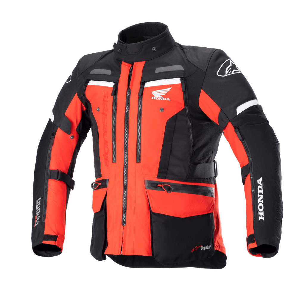 Alpinestars Honda Bogotá Pro Drystar® Jacket, Motorcycle Adventure Touring Jacket, Bright Red and Black with white accents, featuring multiple zippers, utility pockets, adjustable straps, and Honda and Alpinestars branding