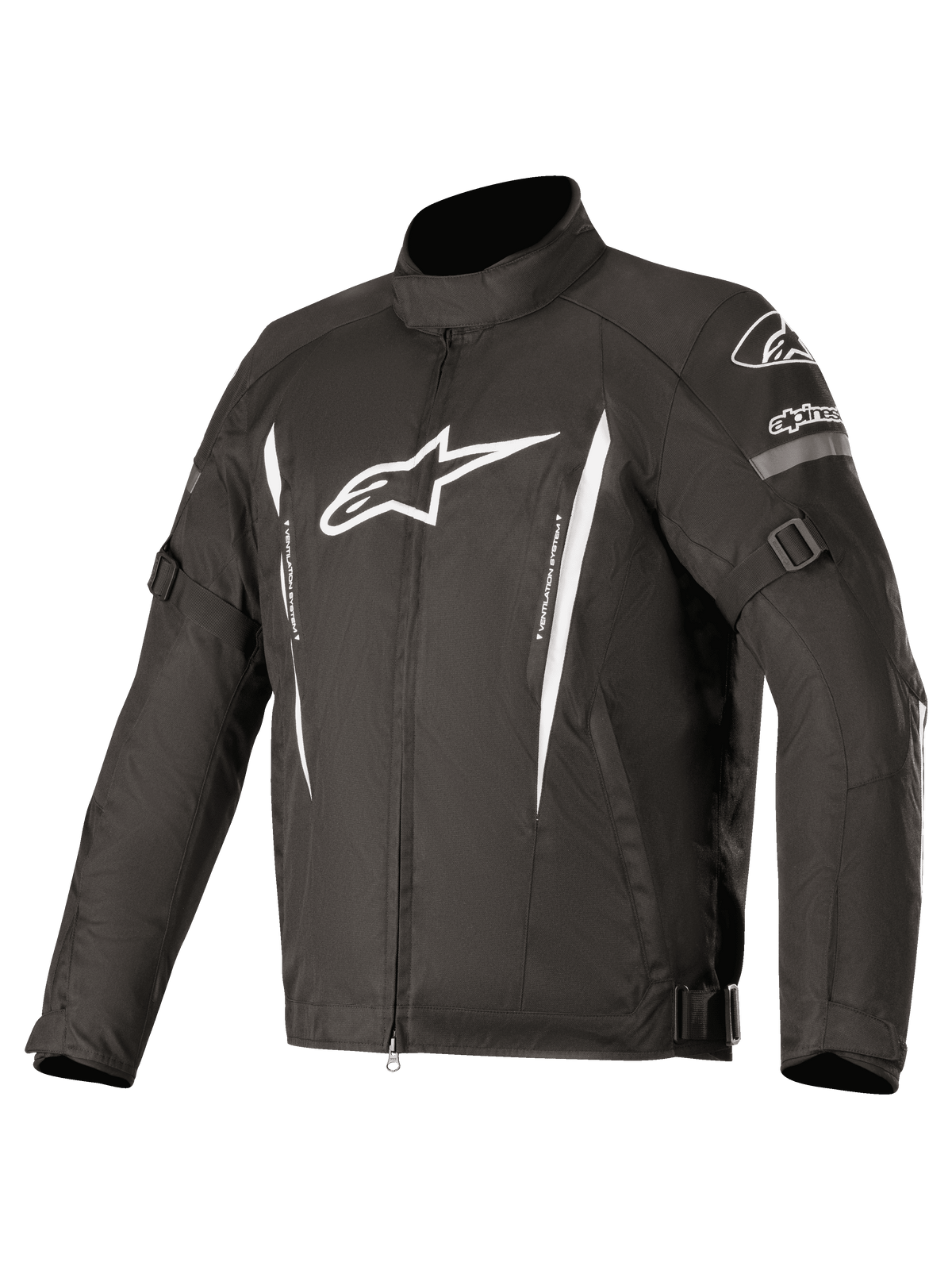 Alpinestars Gunner V2 Waterproof Jacket, Black textile motorcycle jacket with white logos and vertical stripes, features adjustable arm and waist straps, high collar, front zipper, durable waterproof riding protection