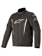 Alpinestars Gunner V2 Waterproof Jacket, Black textile motorcycle jacket with white logos and vertical stripes, features adjustable arm and waist straps, high collar, front zipper, durable waterproof riding protection