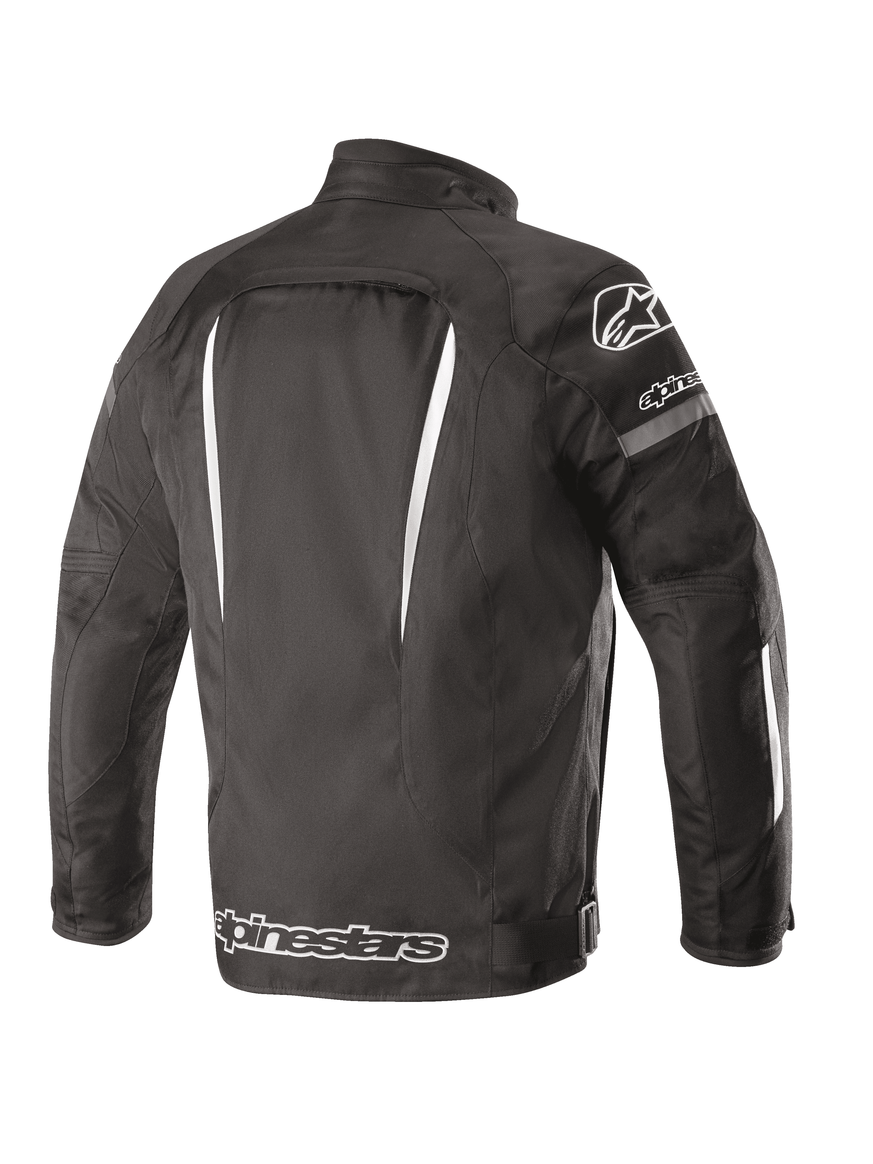 Alpinestars Gunner V2 Waterproof Jacket, Back View, Black and White, textile construction with vertical white accents, large Alpinestars logo on the lower back and A-star logo on the shoulder, urban riding gear