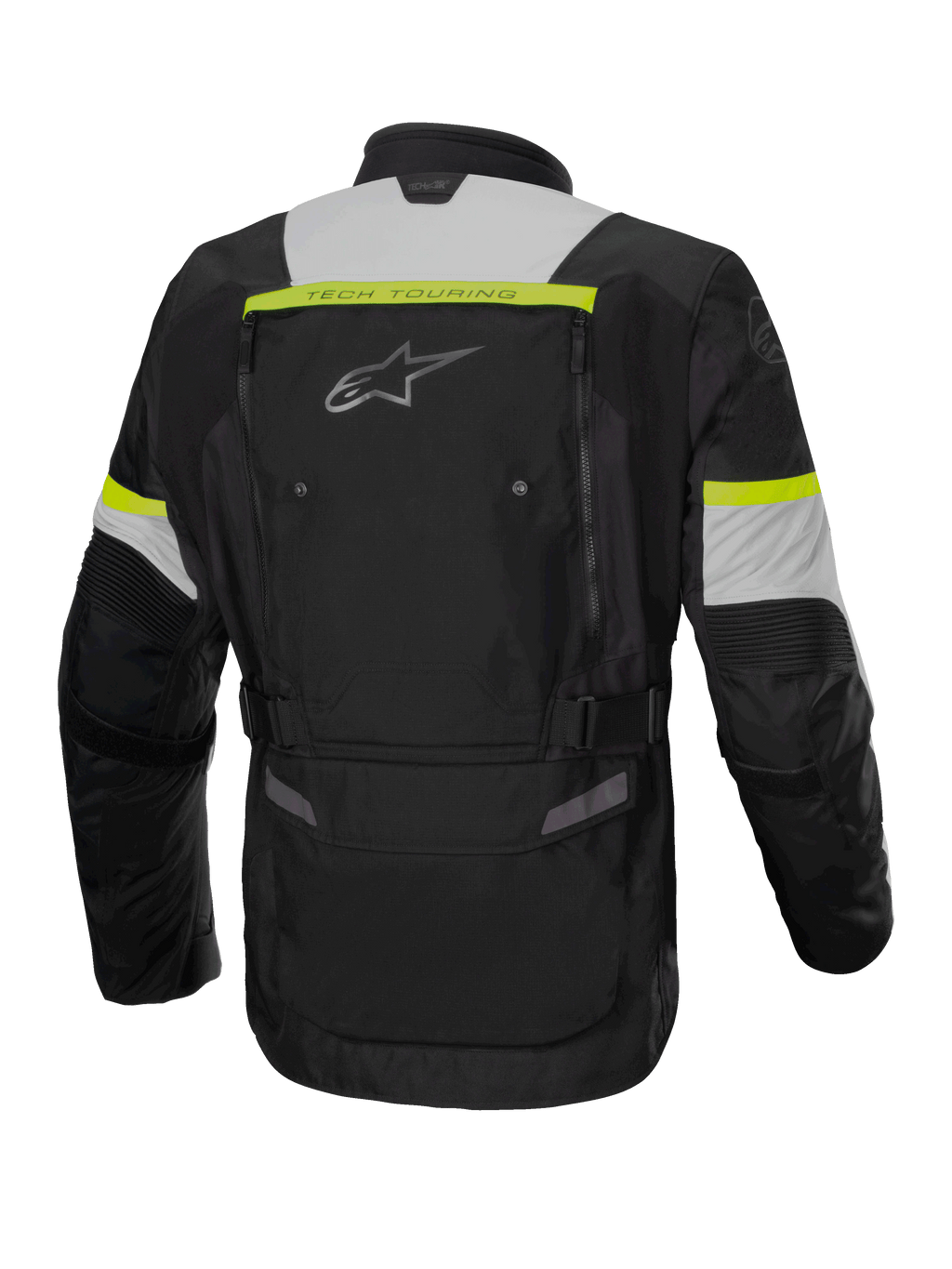 Veste Alpinestars Bogota' Pro Drystar®, veste de moto touring aventure pour homme, noire, grise et jaune fluo, textile imperméable certifié CE, vue de dos montrant les panneaux de ventilation.