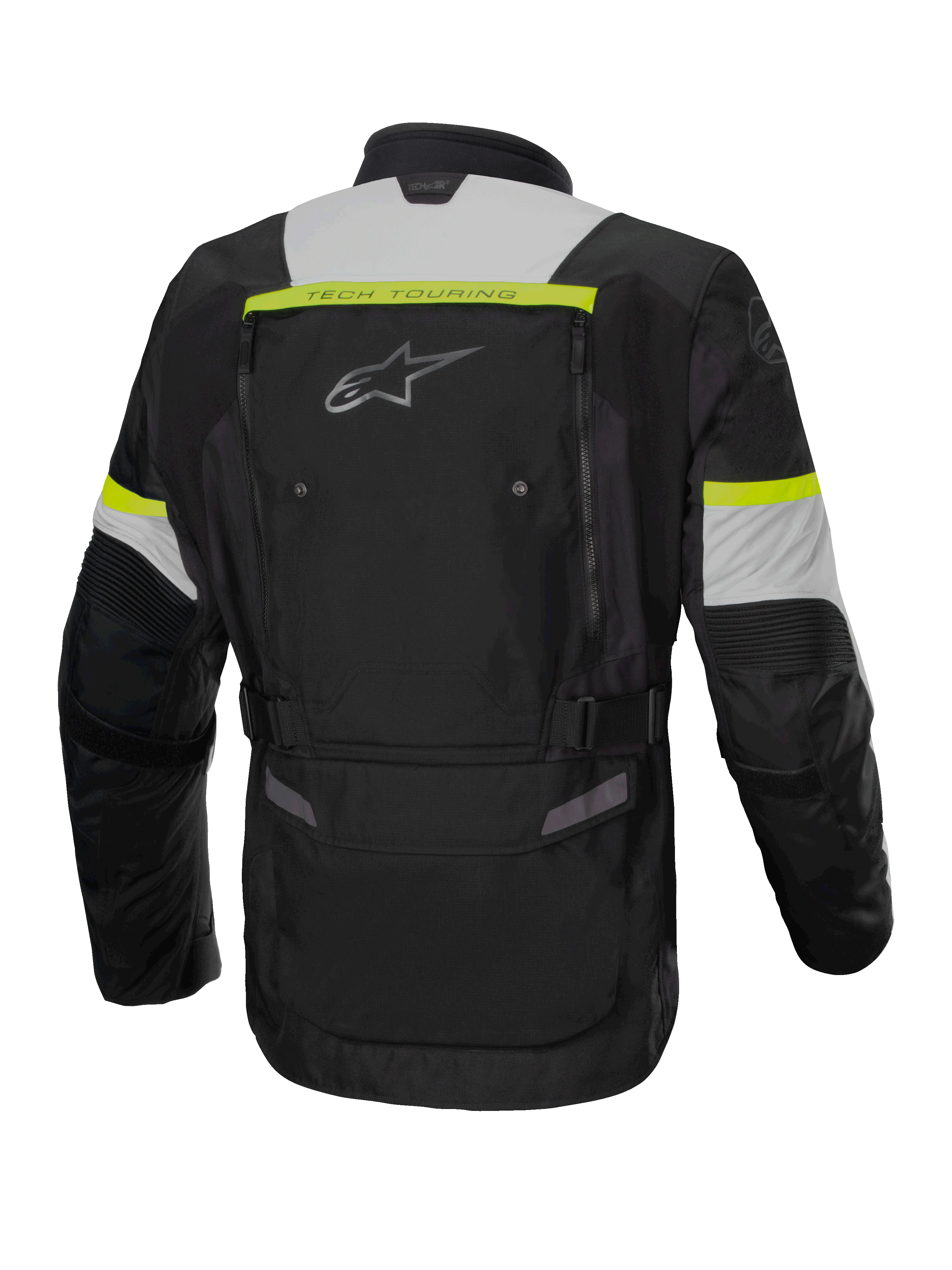Veste Alpinestars Bogota' Pro Drystar®, veste de moto touring aventure pour homme, noire, grise et jaune fluo, textile imperméable certifié CE, vue de dos montrant les panneaux de ventilation.