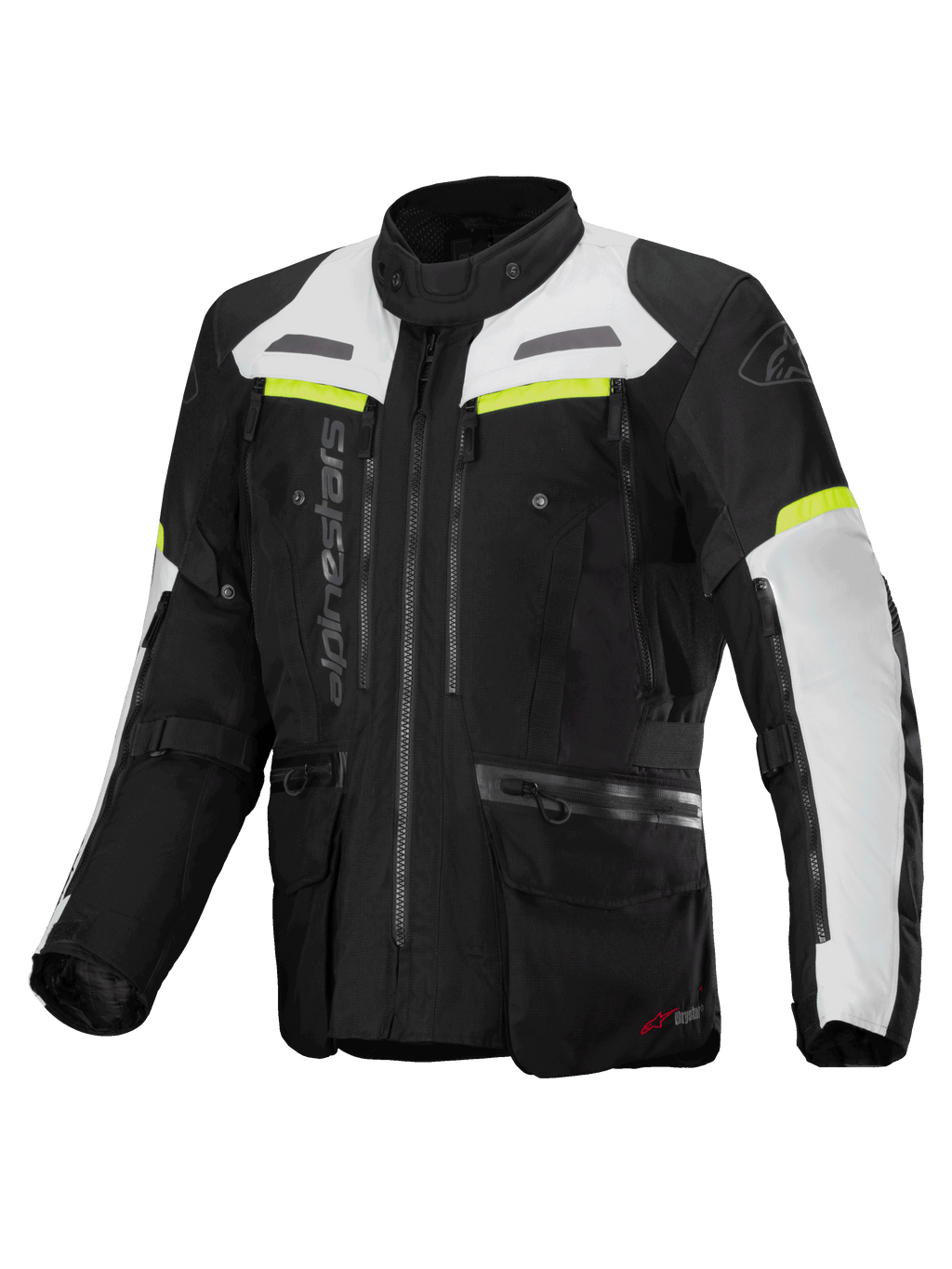 Veste Alpinestars Bogota' Pro Drystar®, veste de moto touring homme, noire et grise avec détails jaune fluo, imperméable.