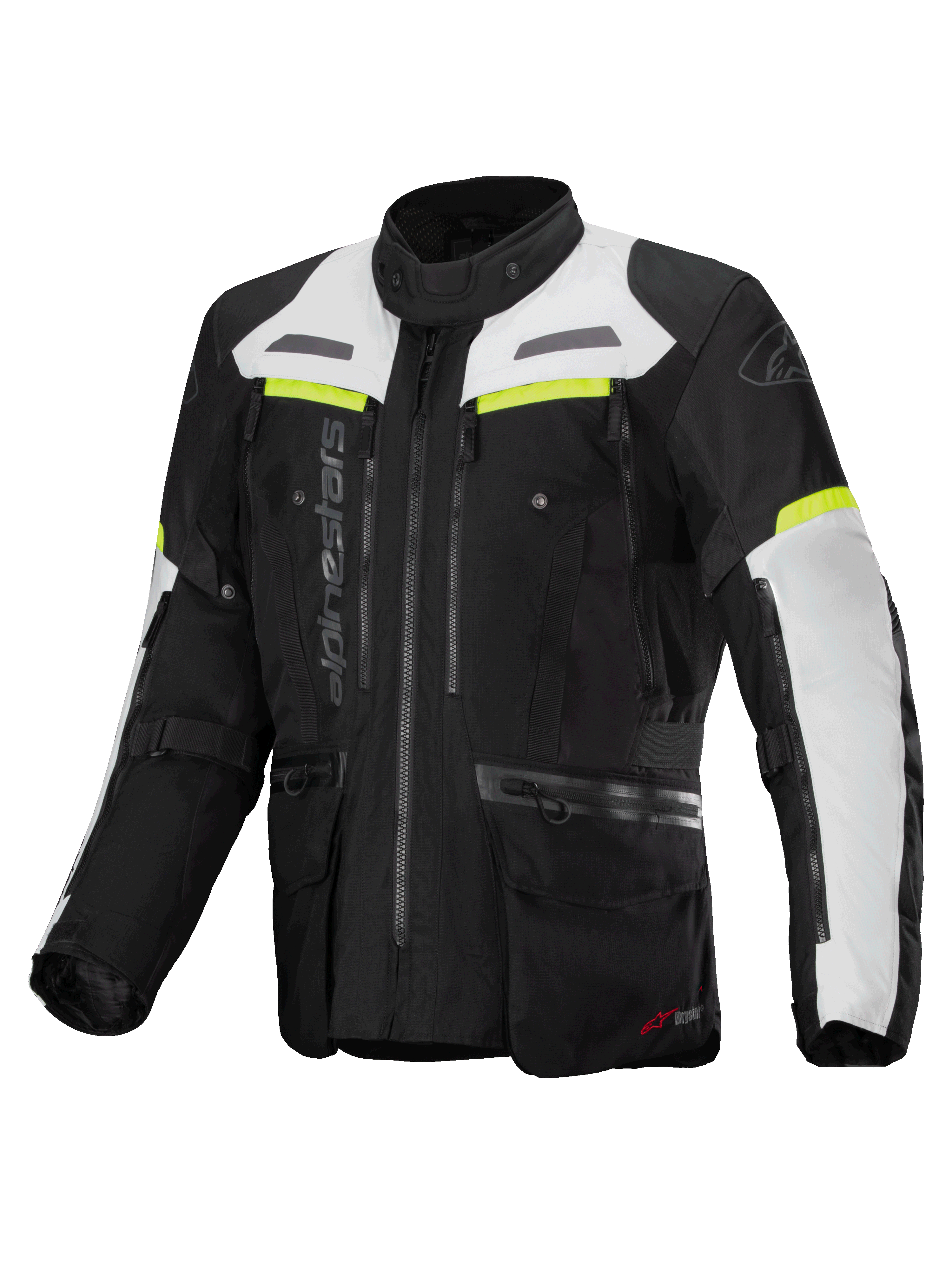 Veste Alpinestars Bogota' Pro Drystar®, veste de moto touring homme, noire et grise avec détails jaune fluo, imperméable.