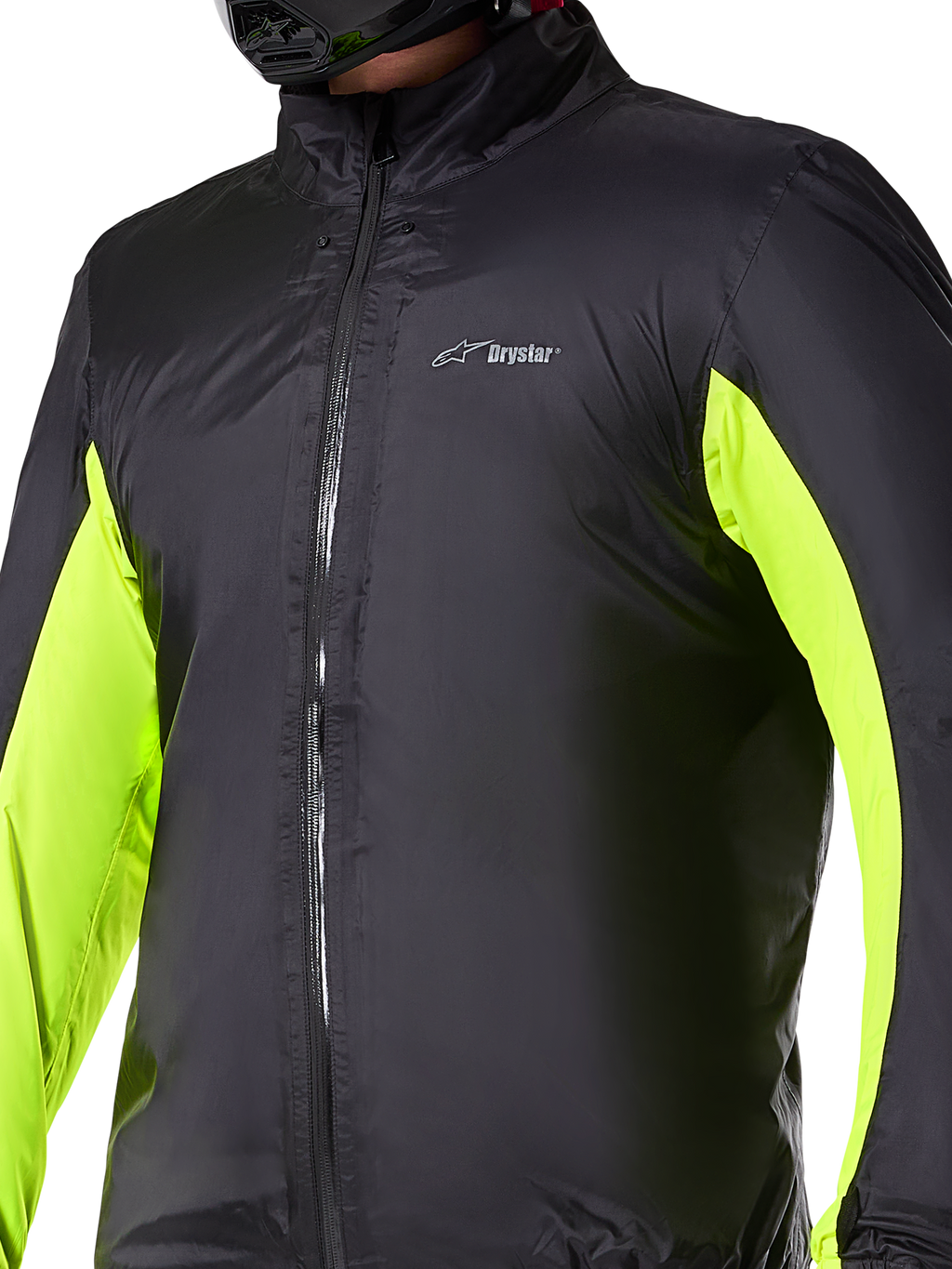 Doublure imperméable Alpinestars Bogotá Pro Drystar®, couche technique de moto, noire avec panneaux jaune fluo sur les bras, fermeture éclair frontale et logo Drystar sur la poitrine, conçue pour une protection de conduite par tous les temps