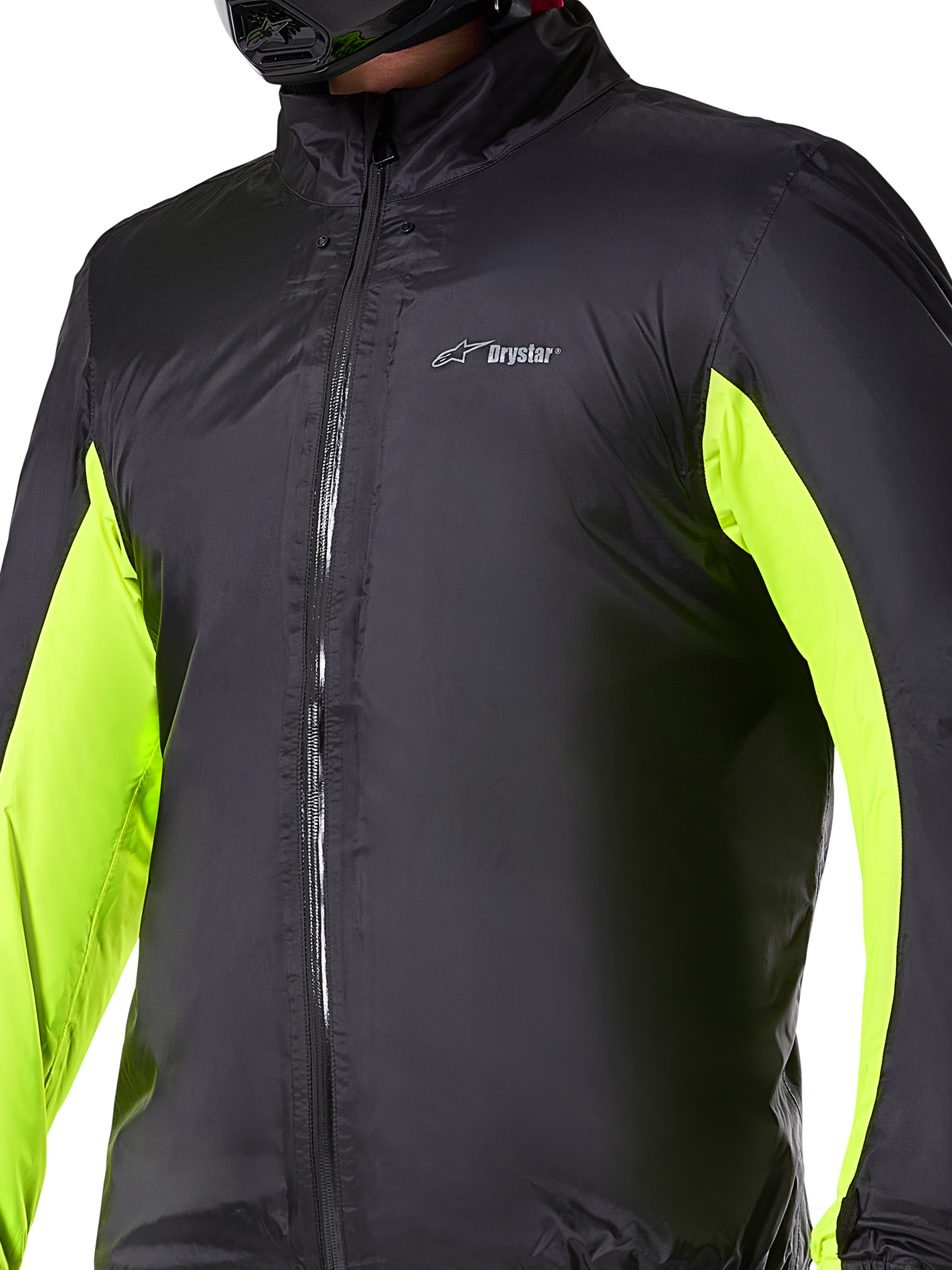 Doublure imperméable Alpinestars Bogotá Pro Drystar®, couche technique de moto, noire avec panneaux jaune fluo sur les bras, fermeture éclair frontale et logo Drystar sur la poitrine, conçue pour une protection de conduite par tous les temps