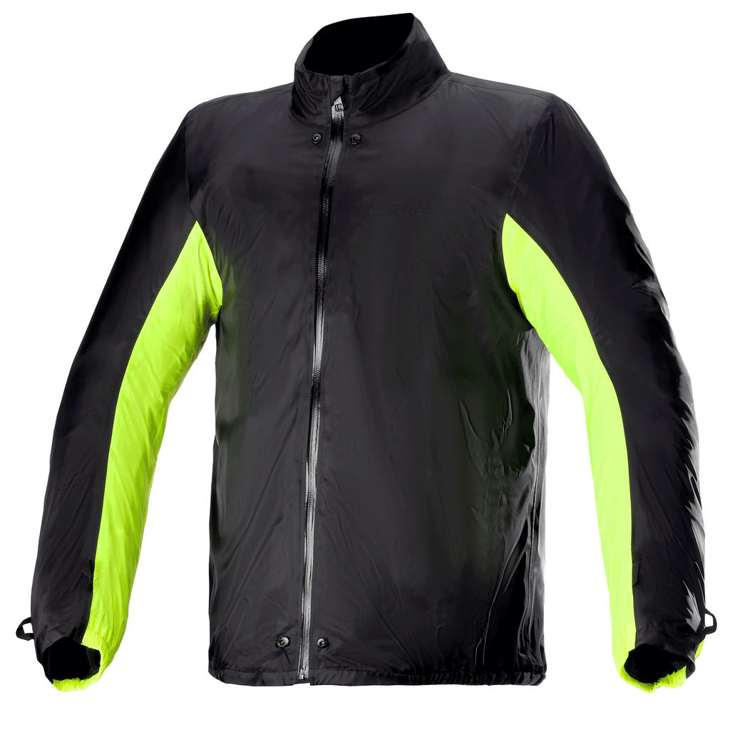 Alpinestars Bogota' Pro Drystar® Jacket Rain Cover, waterproof motorcycle jacket liner, Black with Fluo Yellow side and arm panels, full-length front zipper with snap buttons at neck and waist, technical accessory for all-weather riding