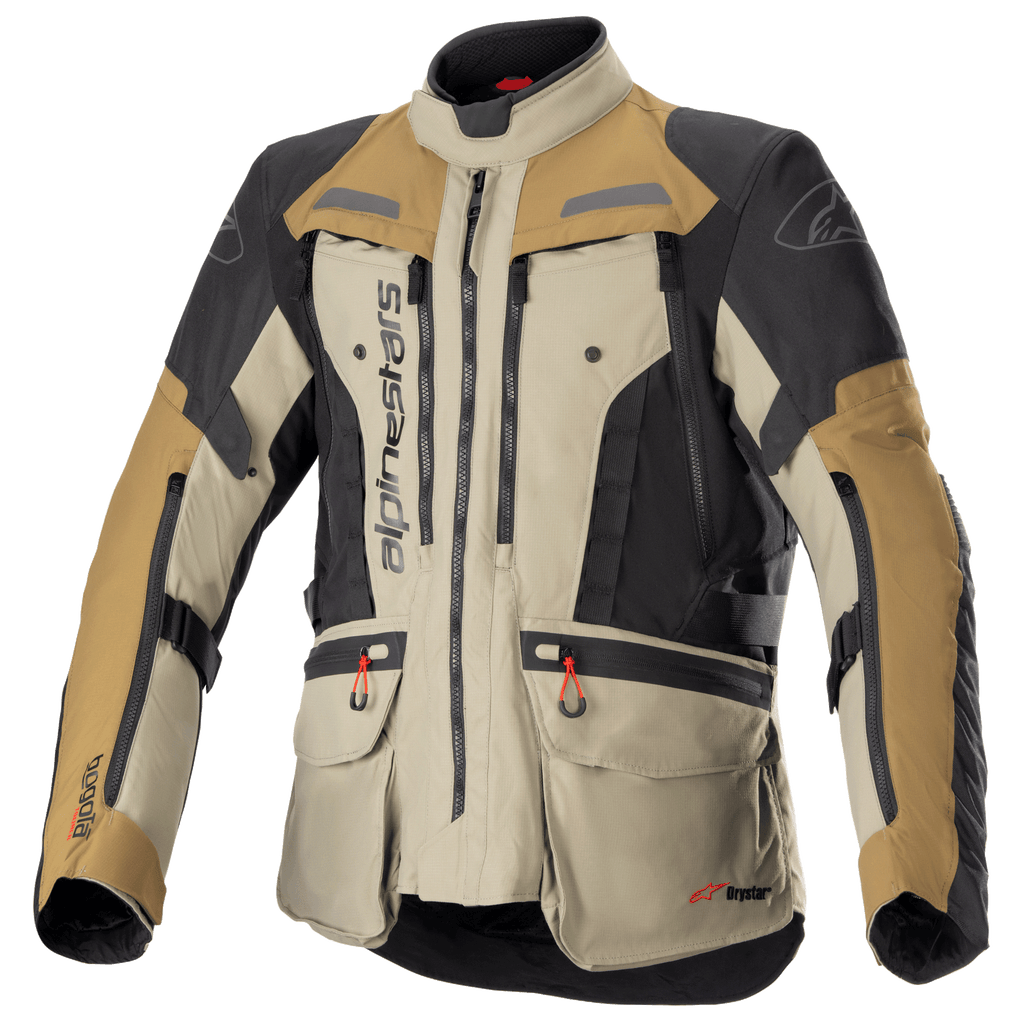 Alpinestars Bogota Pro Drystar Jacket, Motorcycle Adventure Touring Jacket, Beige Black and Tan, waterproof textile construction, multiple pockets with red pull tabs, reinforced protection areas, and high collar design