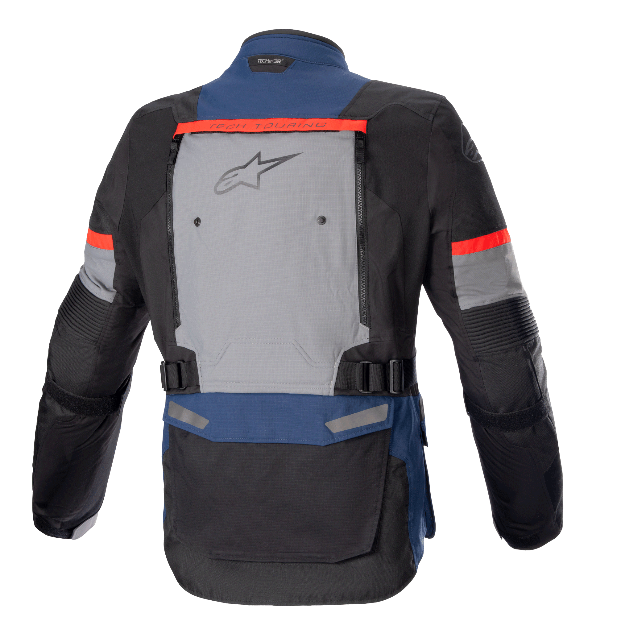 Alpinestars Bogotá Pro Drystar® Jacket, Motorcycle Adventure Touring Jacket, Dark Blue, Black, and Bright Red, rear view featuring a large grey ventilation panel with Alpinestars logo, red 'Tech Touring' accents, and adjustable waist straps