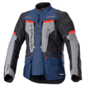 Alpinestars Bogota Pro Drystar Jacket, motorcycle adventure touring jacket, Dark Blue and Black with Gray chest panels and Bright Red accents, featuring waterproof textile construction, multiple ventilation zippers, and utility pockets.