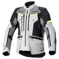 Alpinestars Bogota Pro Drystar Jacket, Motorcycle Adventure Touring Jacket, Ice Gray and Dark Gray with Black panels and Yellow Fluo accents, featuring multiple cargo pockets and ventilation zippers, durable waterproof textile design for all-weather riding