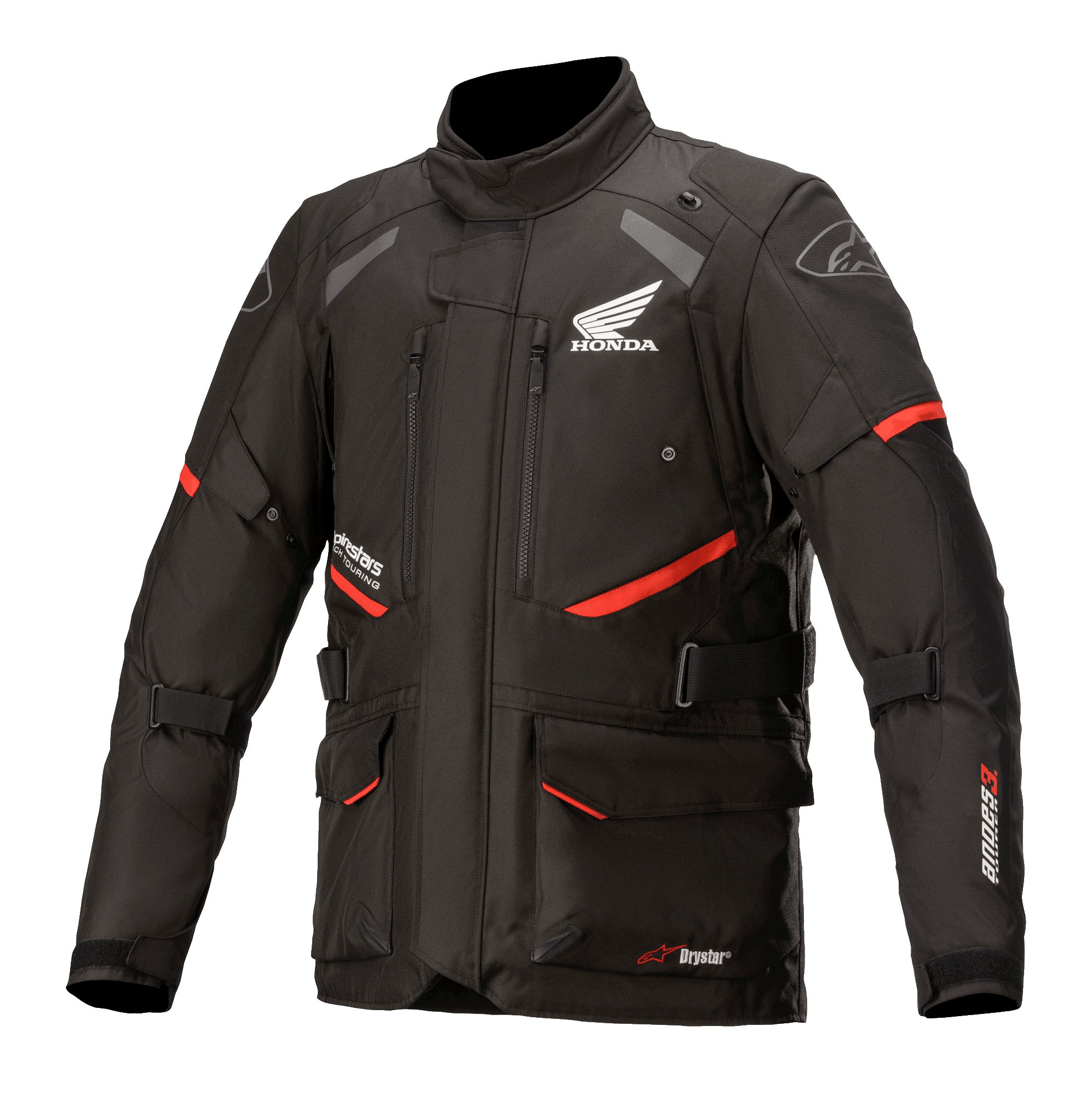 Veste Honda Andes V3 Drystar, veste de moto touring, noire avec accents rouges, vue de face avec grandes poches cargo et sangles ajustables, construction en textile technique avec logos Honda et Alpinestars, design inspiré de l'aventure