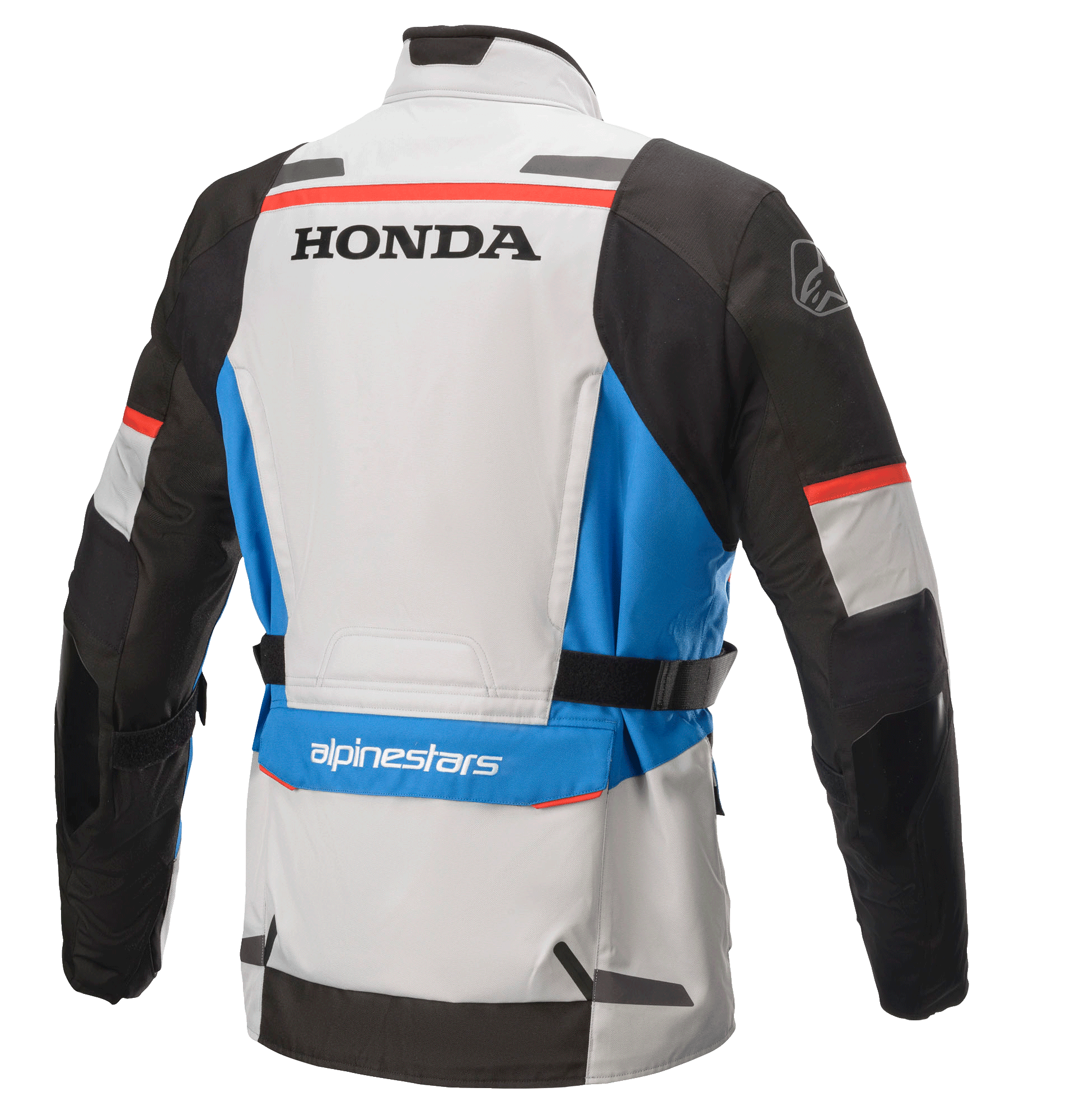 Alpinestars Honda Andes V3 Drystar® Jacket, Textile Adventure Touring Jacket, Ice Gray Blue Bright Red, Rear view with Honda and Alpinestars logos, featuring black sleeves, blue accents, and adjustable waist straps