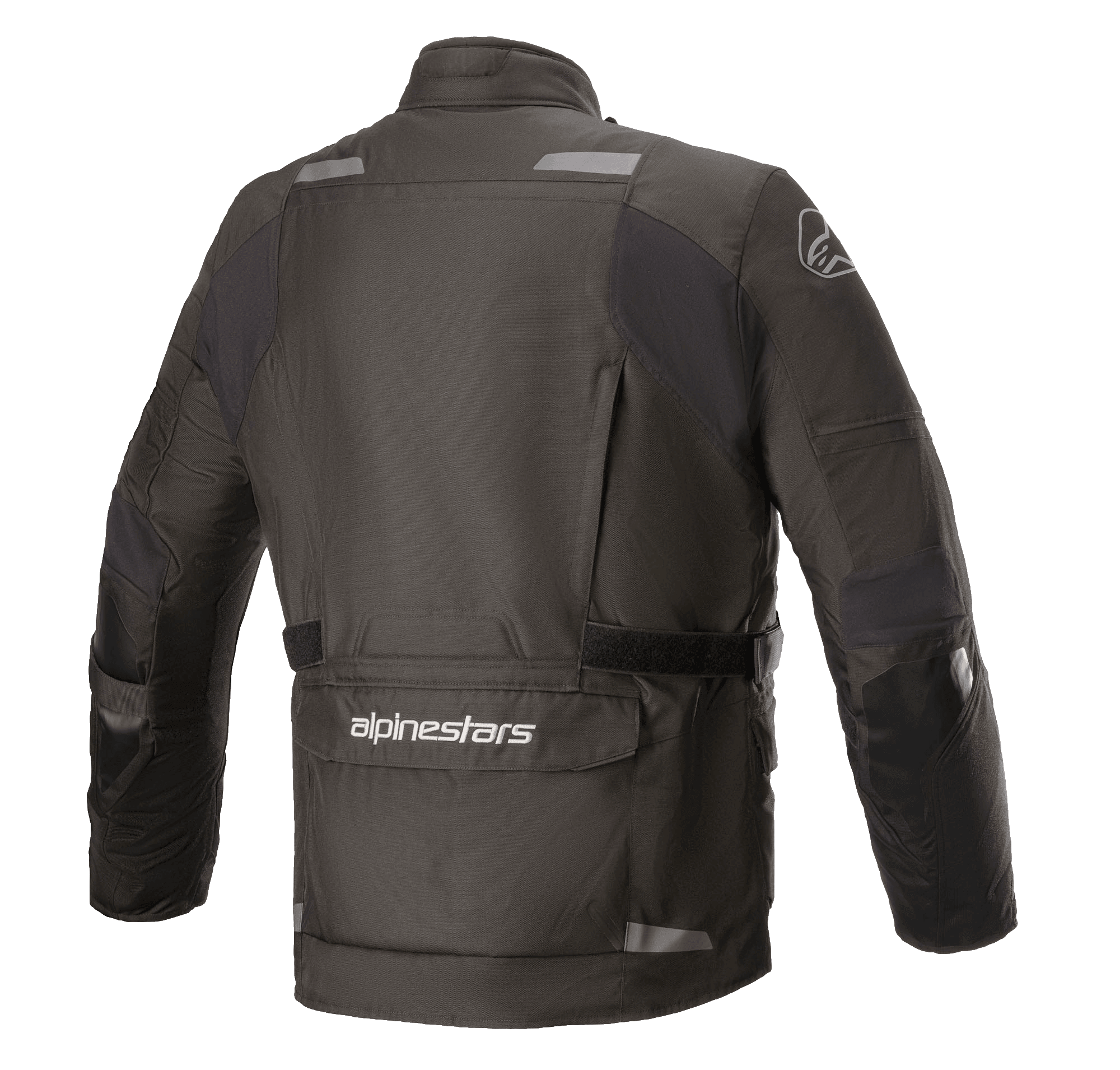 Veste Alpinestars Andes V3 Drystar®, veste de moto, noire, vue arrière présentant une grande poche utilitaire inférieure avec le marquage Alpinestars, des détails réfléchissants sur les épaules et une ceinture de taille ajustable, conception textile durable pour le touring d'aventure
