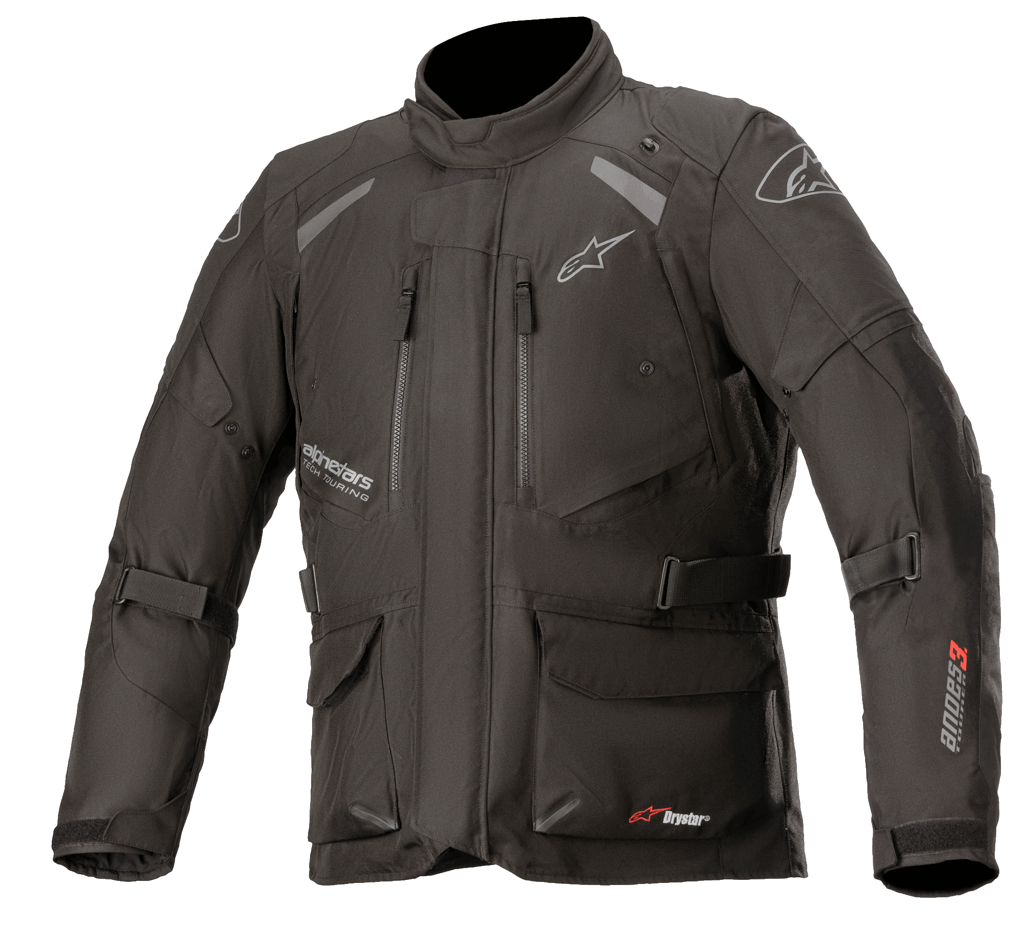Alpinestars Andes V3 Drystar, veste de moto touring aventure, noire avec logos blancs et rouges, multiples poches cargo imperméables, sangles réglables pour un ajustement personnalisé, construction textile résistante aux intempéries, panneaux réfléchissants pour la visibilité