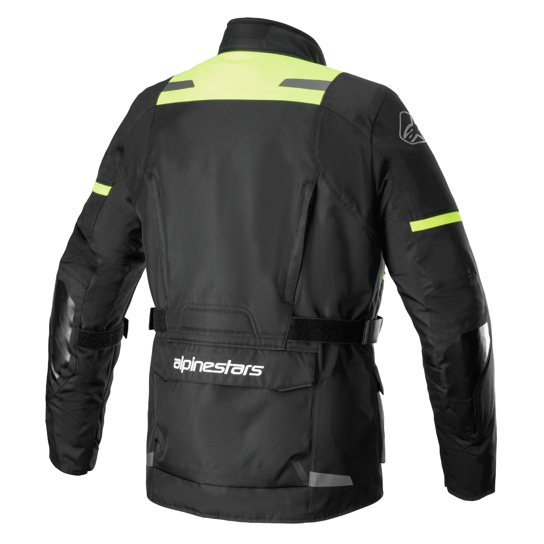Alpinestars Andes V3 Drystar® Jacket, back view of adventure motorcycle jacket in Black and Yellow Fluo, featuring a large lower back utility pocket with Alpinestars logo, high-visibility shoulder panels, and adjustable waist straps.