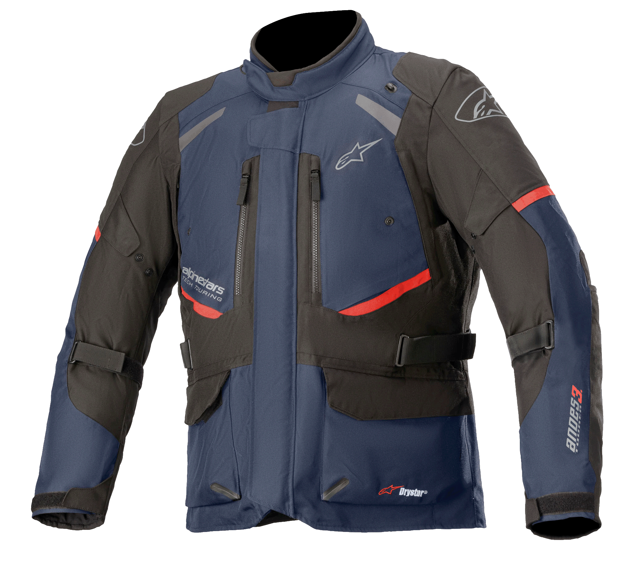 Alpinestars Andes V3 Drystar Jacket, Motorcycle Touring Jacket, Dark Blue and Black with Red accents, front view featuring zippered chest vents, adjustable waist straps, and high collar, waterproof textile construction for adventure riding