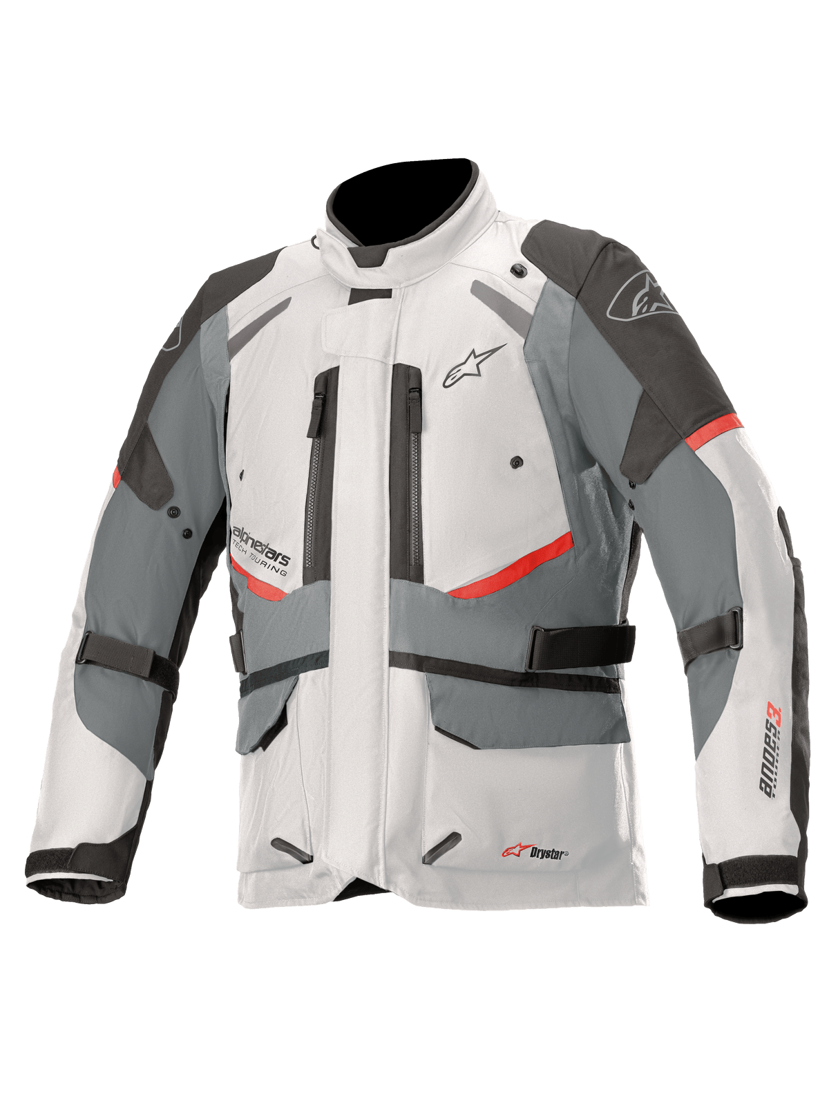 Veste Alpinestars Andes V3 Drystar, veste de moto adventure touring, gris glacé et gris foncé avec accents rouges, construction textile imperméable avec sangles de réglage et ventilations zippées, conception à col haut pour une protection toutes saisons