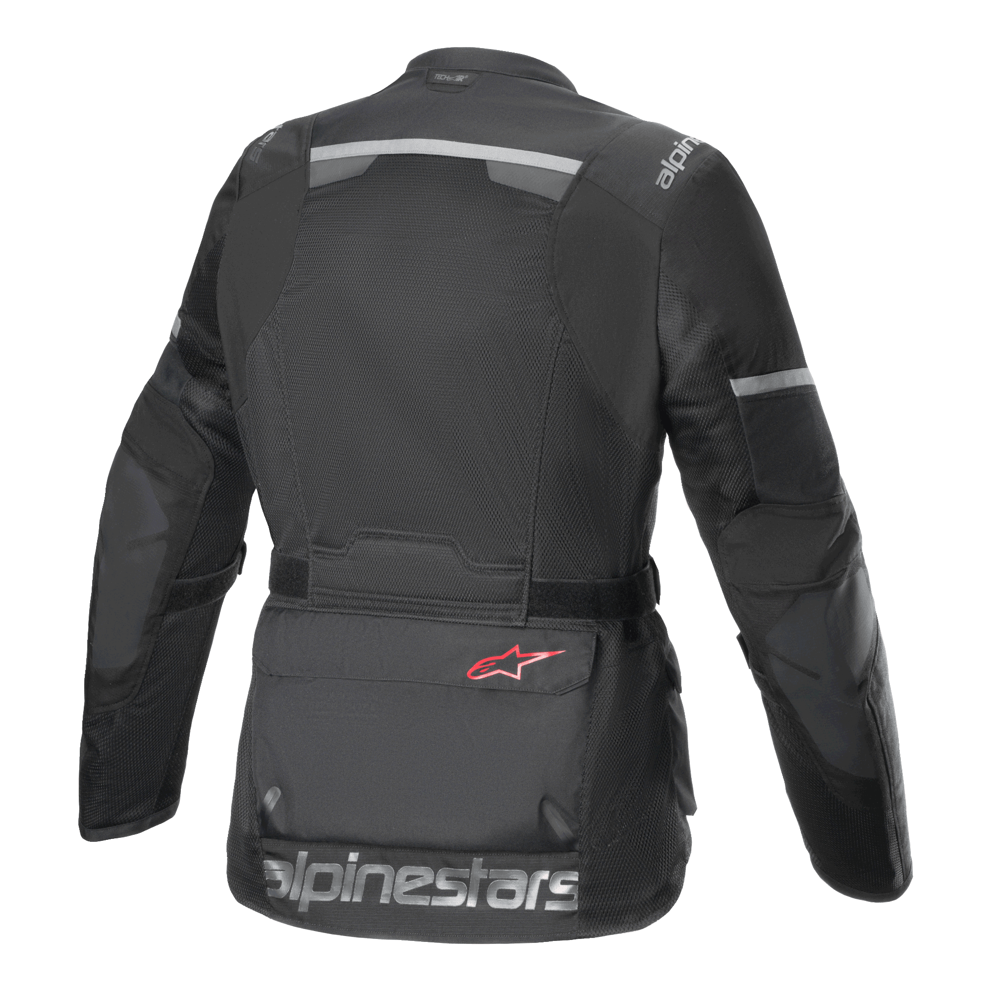 Veste Alpinestars Andes Air Drystar®, veste de moto, noire, vue arrière présentant de larges panneaux de ventilation en mesh, des bandes réfléchissantes sur le haut du dos et les manches, et un grand marquage Alpinestars sur l'ourlet inférieur.