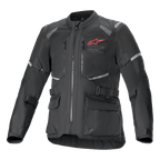 Veste Alpinestars Andes Air Drystar, veste de moto touring aventure noire, vue de face, dotée de larges panneaux de ventilation en mesh, d'un logo Alpinestars rouge sur la poitrine, d'inserts réfléchissants et de poches cargo à l'avant.
