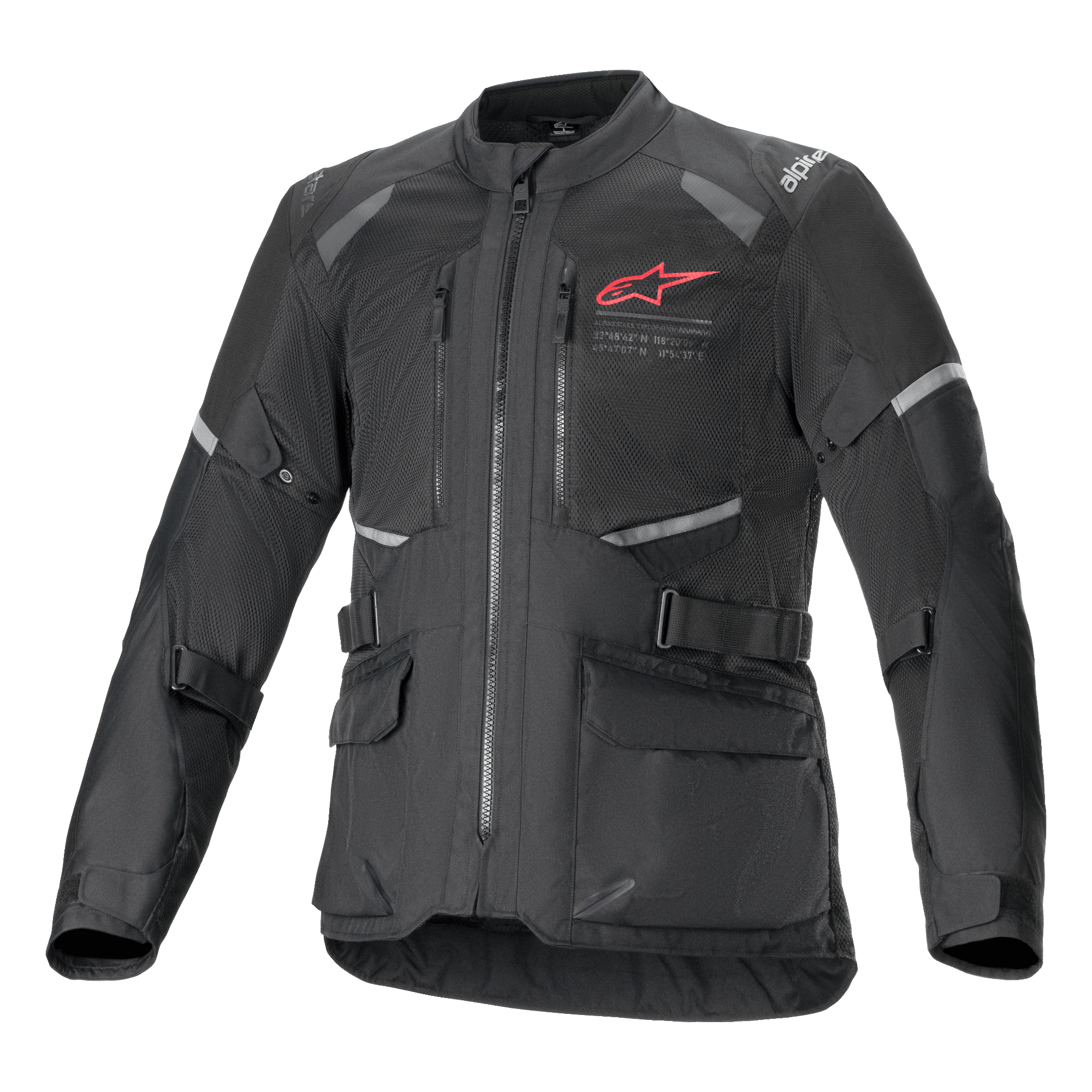 Veste Alpinestars Andes Air Drystar, veste de moto touring aventure noire, vue de face, dotée de larges panneaux de ventilation en mesh, d'un logo Alpinestars rouge sur la poitrine, d'inserts réfléchissants et de poches cargo à l'avant.