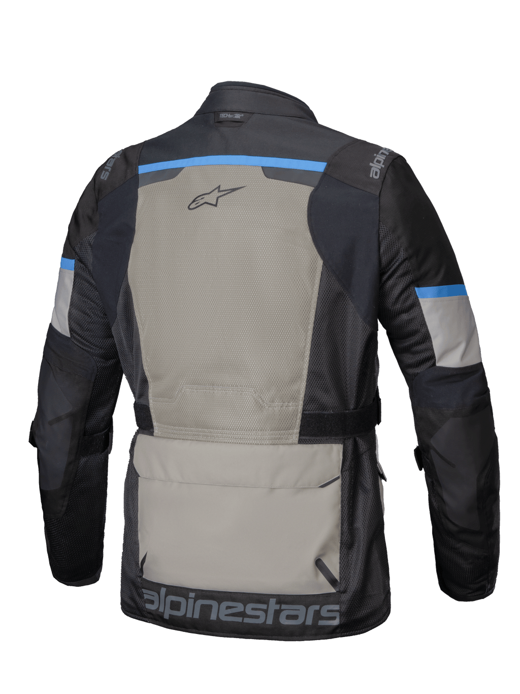 Alpinestars Veste Andes Air Drystar®, veste de moto adventure touring pour homme, vue de dos montrant une ventilation en maille 2D étendue et une grande poche de rangement, noire, gris laurier et bleu vif, certifiée CE