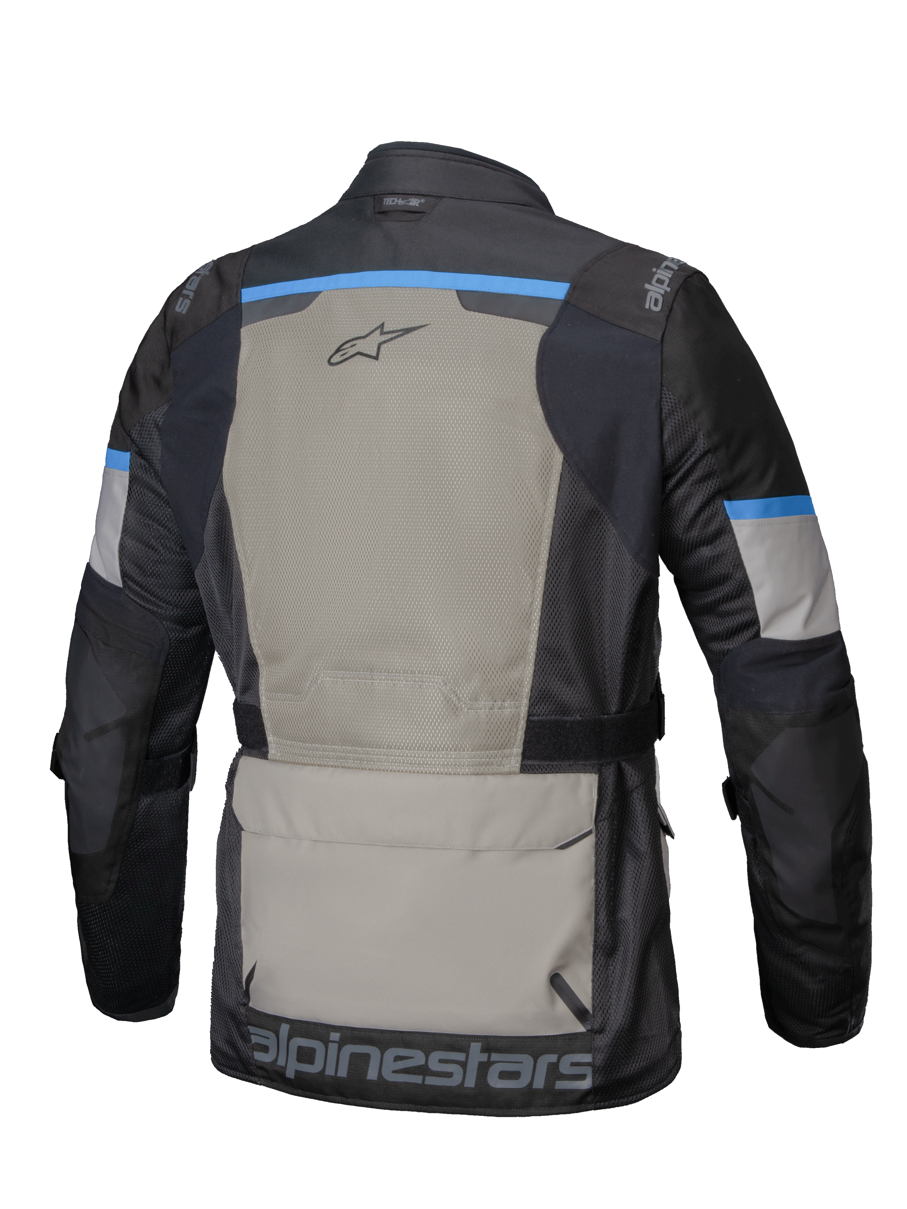 Alpinestars Veste Andes Air Drystar®, veste de moto adventure touring pour homme, vue de dos montrant une ventilation en maille 2D étendue et une grande poche de rangement, noire, gris laurier et bleu vif, certifiée CE