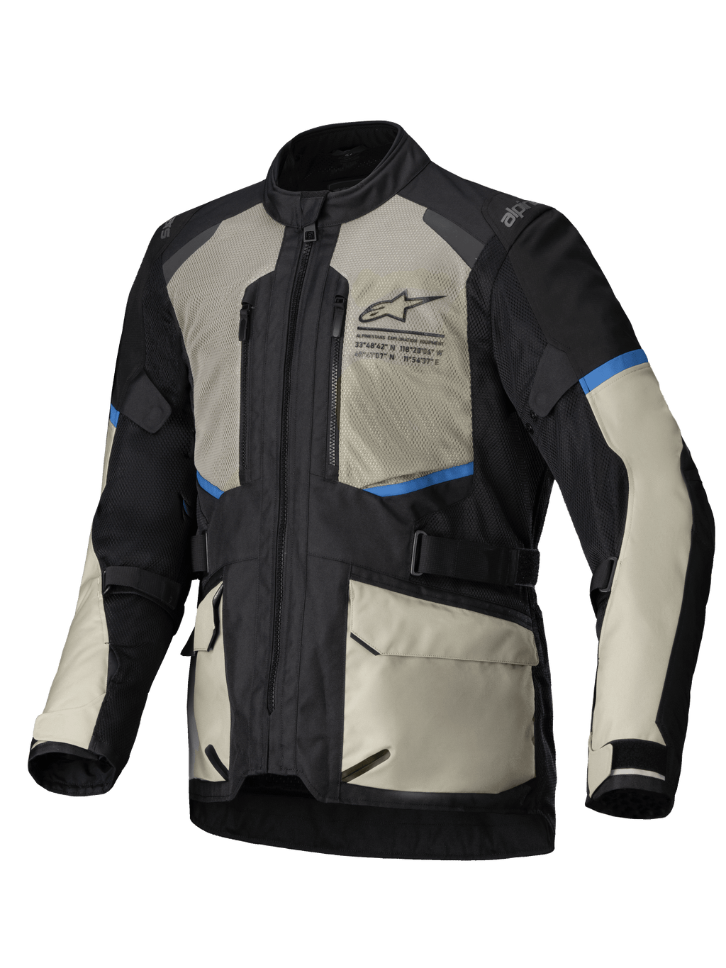 Alpinestars Veste Andes Air Drystar®, veste de moto touring pour homme, noire, gris laurier et bleu vif, ventilée avec mesh et imperméable