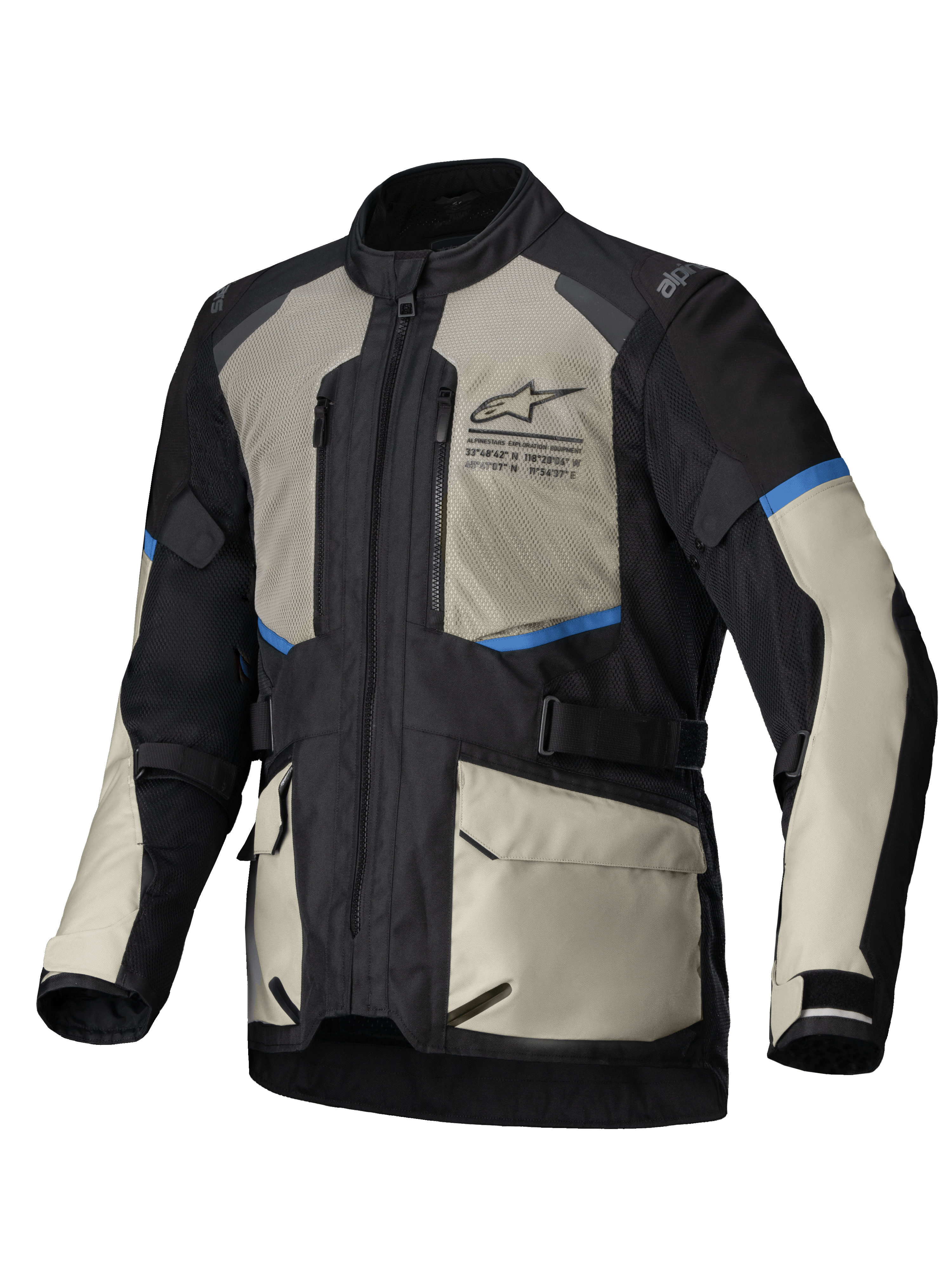 Alpinestars Veste Andes Air Drystar®, veste de moto touring pour homme, noire, gris laurier et bleu vif, ventilée avec mesh et imperméable