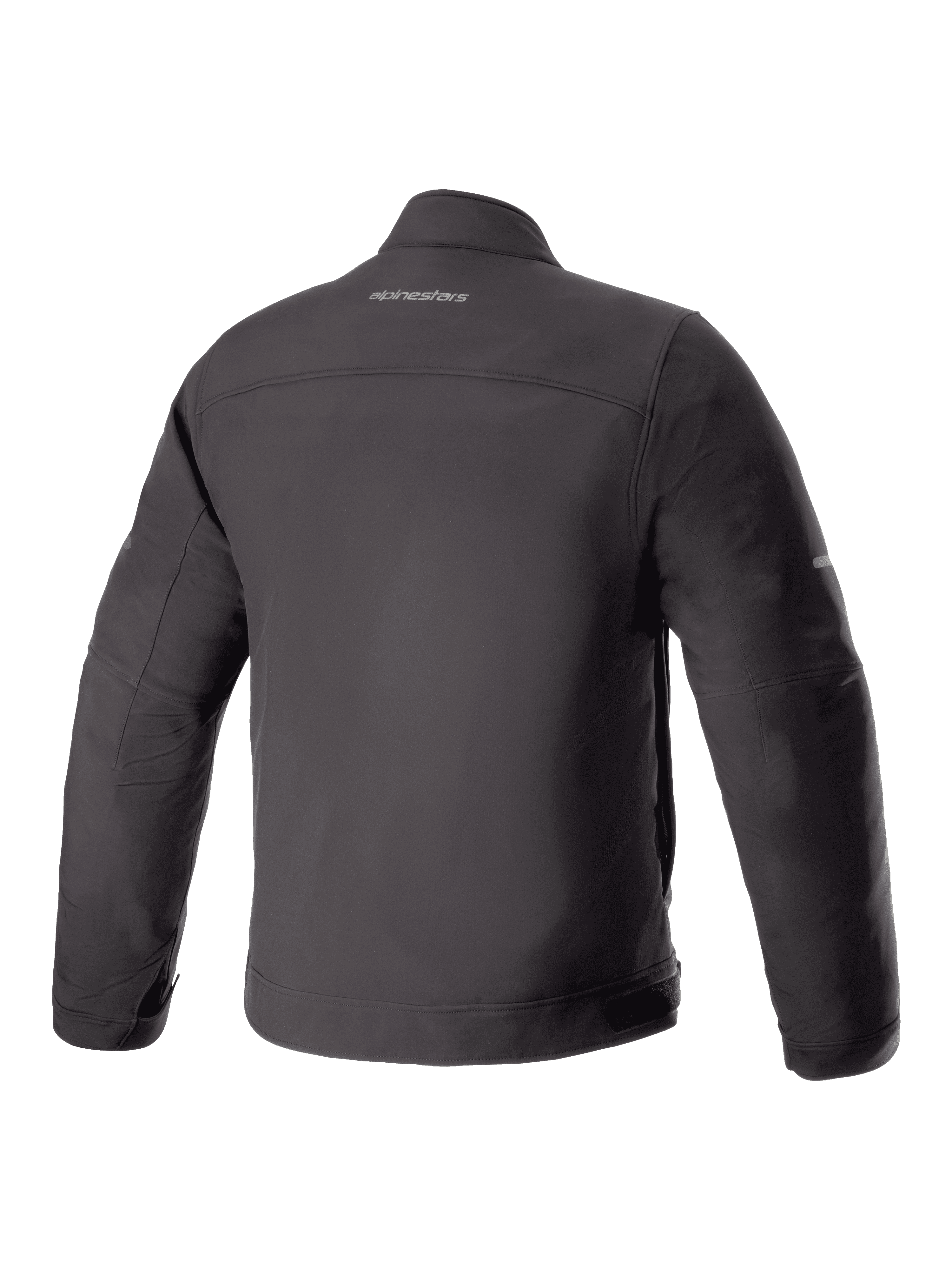 Alpinestars Husker Waterproof Jacket, Motorcycle Jacket, Black, back view featuring matte softshell material and centered Alpinestars wordmark logo on the upper back, urban technical design.