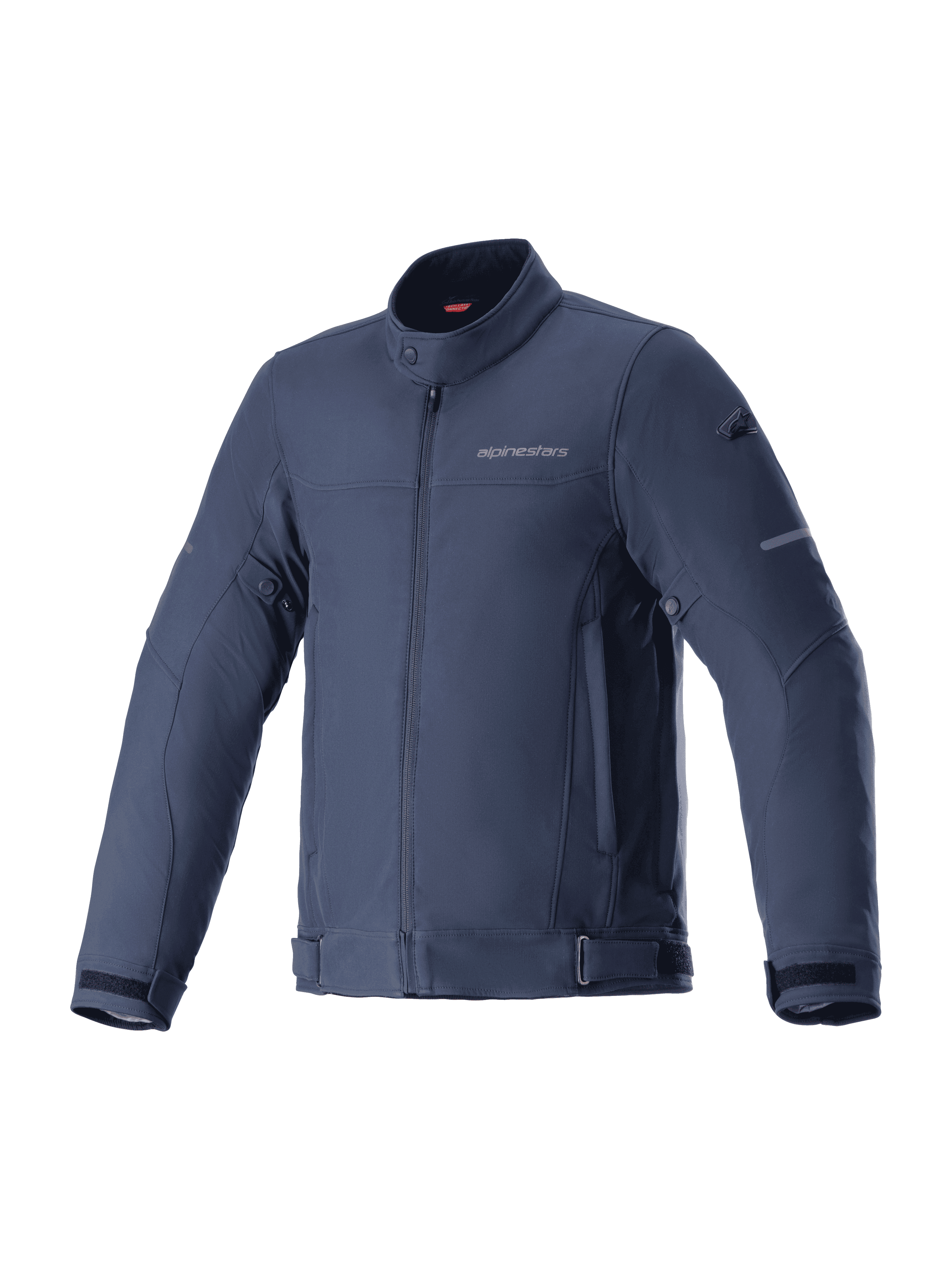 Alpinestars Husker Waterproof Jacket, Motorcycle Jacket, Night Navy, dark blue stretch softshell with high collar and front zipper, adjustable waist and sleeve straps, subtle chest branding, urban commuting and road riding gear