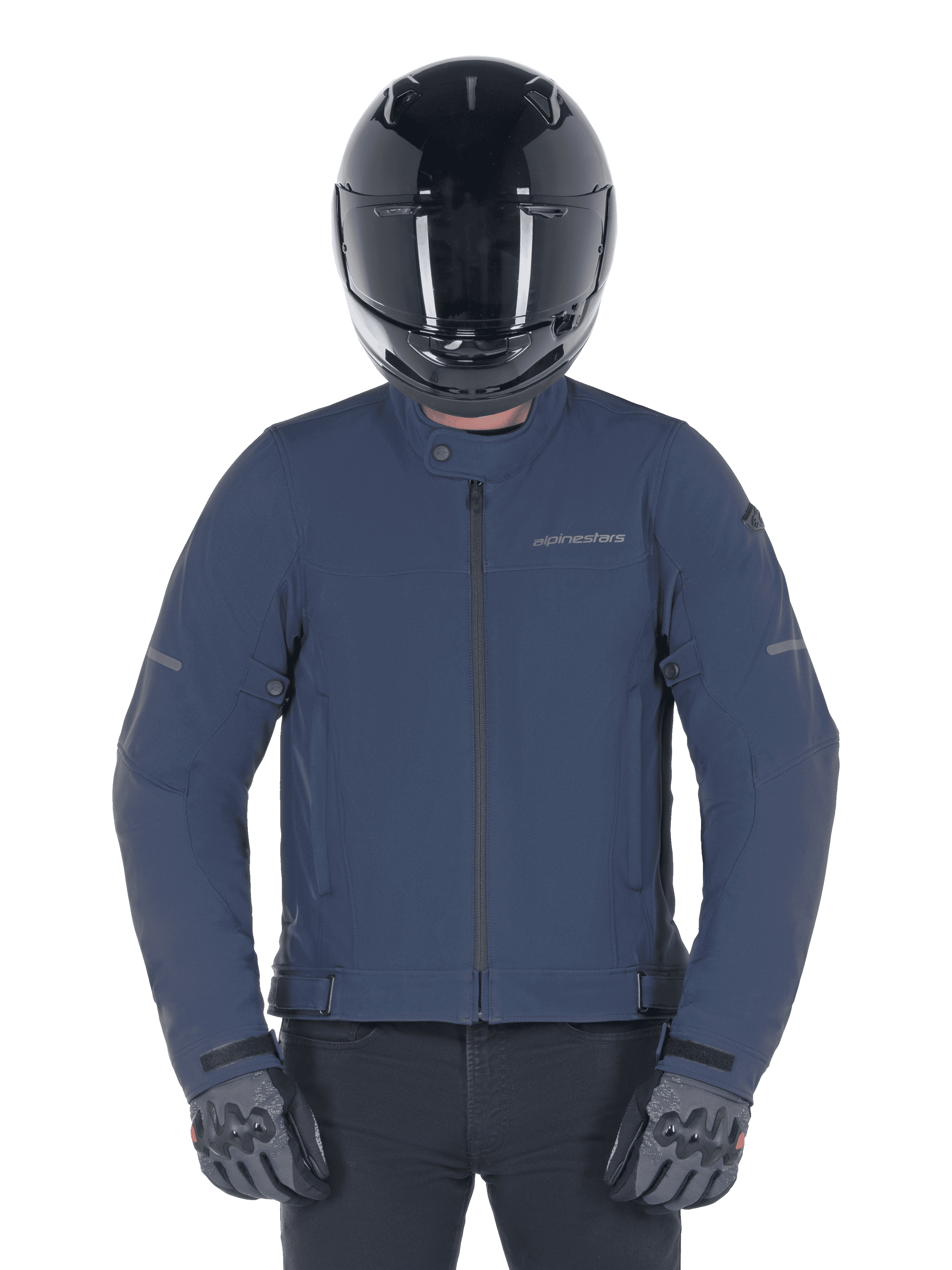 Alpinestars Husker Waterproof Jacket, Night Navy, urban motorcycle jacket worn with a black full-face helmet and grey gloves, featuring a technical softshell exterior and subtle branding