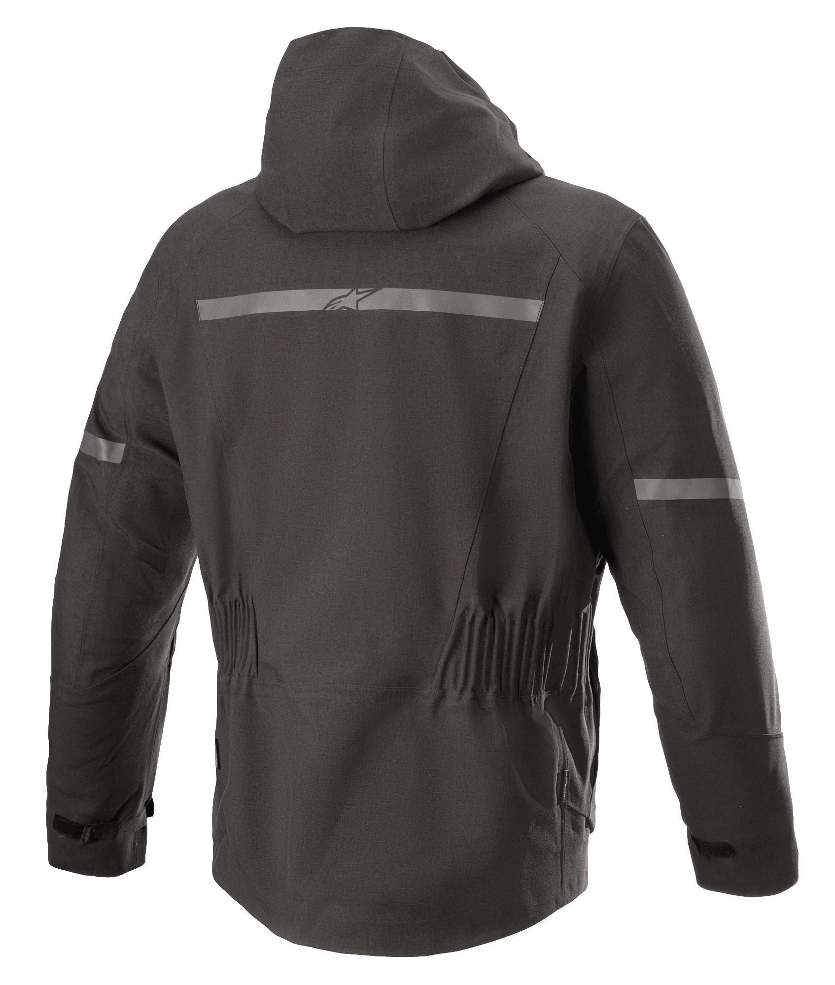 Alpinestars Sirius Drystar® Techshell Jacket, Motorcycle Jacket, Melange Black, back view featuring an integrated hood, reflective strip with Alpinestars logo, elasticized waist, and elongated rear for riding coverage.